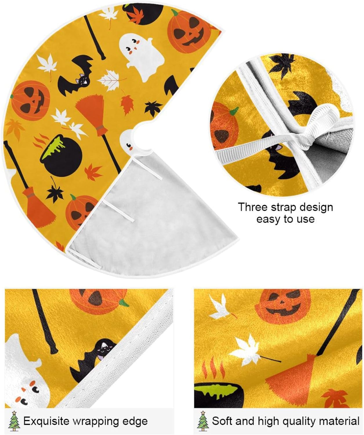 Happy Halloween Pattern White Tree Base Skirt, Canvas Tree Skirt, 47.2 in Decoration for Christmas Tree, Fall Home Decor