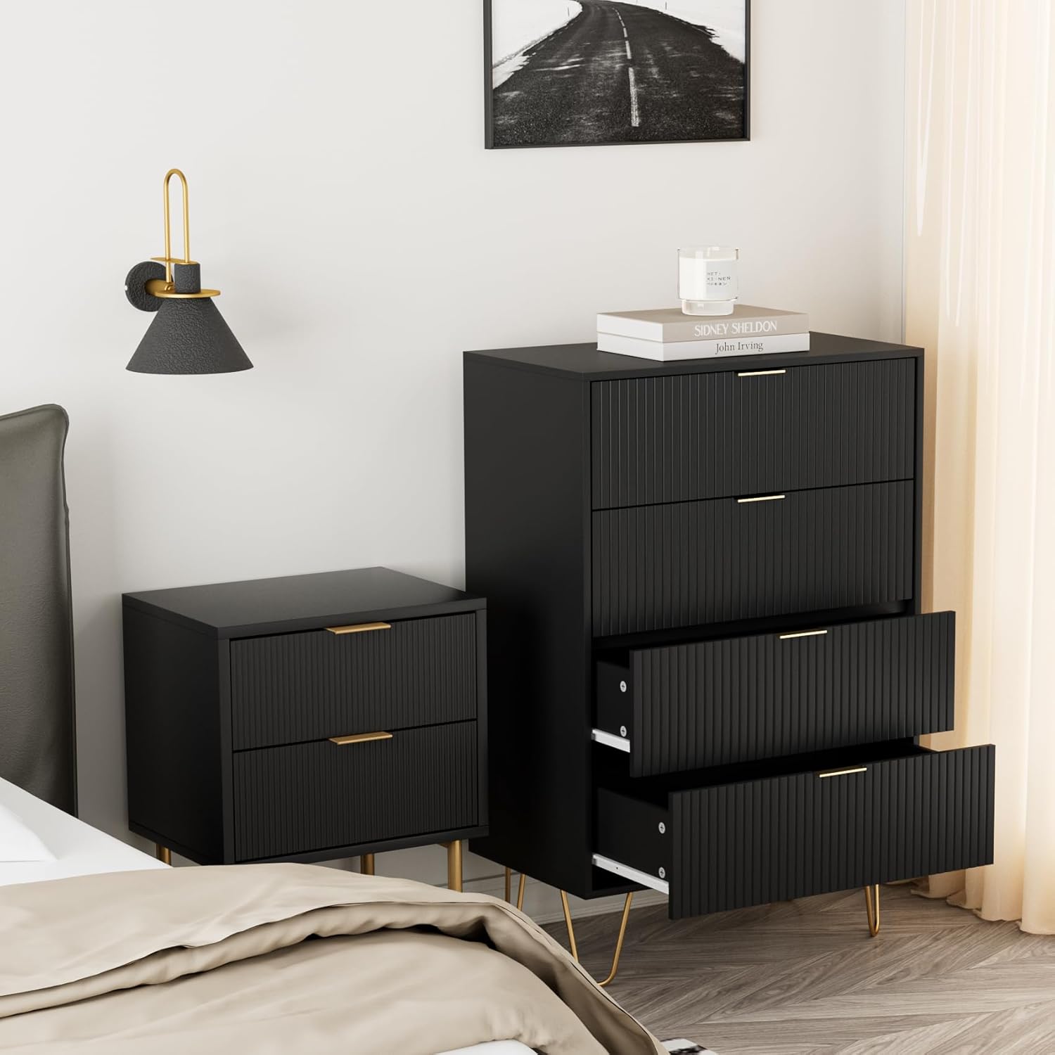 Cómoda de 4 cajones, cajón, armario de almacenamiento alto con patas de metal, cómoda pequeña para dormitorio, sala de estar, armario, pasillo,