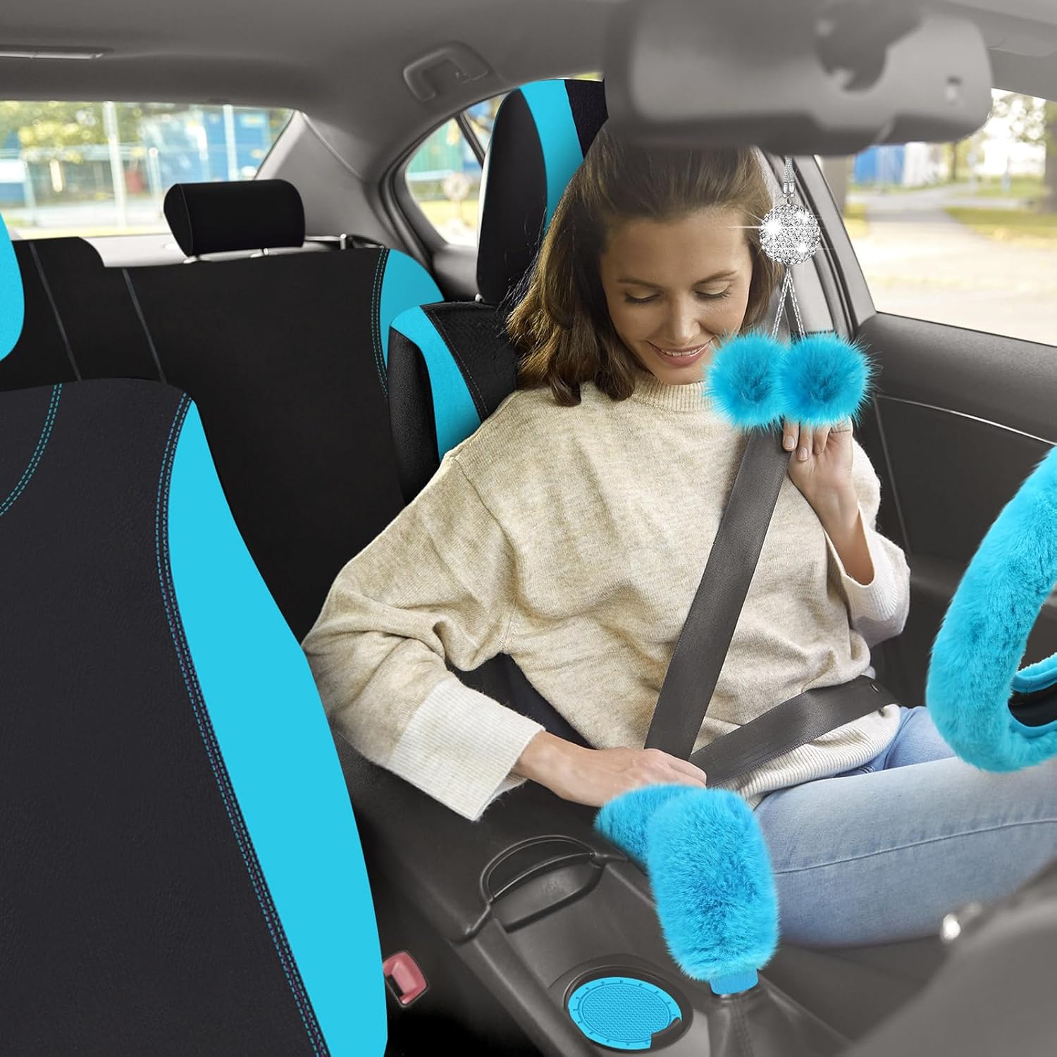 Juego completo de 17 fundas de asiento de automóvil para mujer, ajuste universal, fundas de asiento delantero y trasero, fundas esponjosas de forro