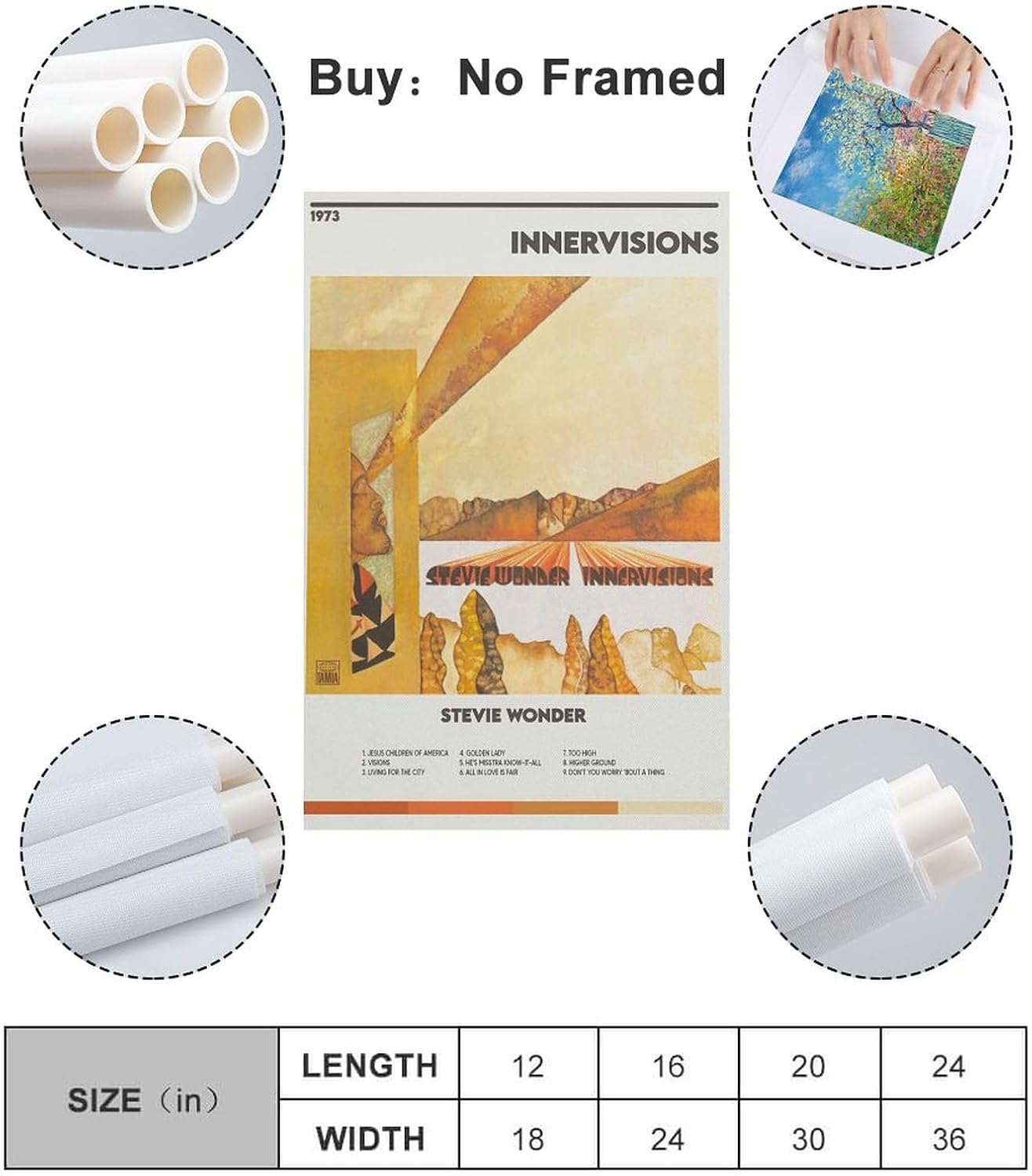BATTTX Stevie Wonder Innervisions – Póster de lienzo decorativo para pared, sala de estar, dormitorio, decoración, regalo, sin marco, 12 x 18