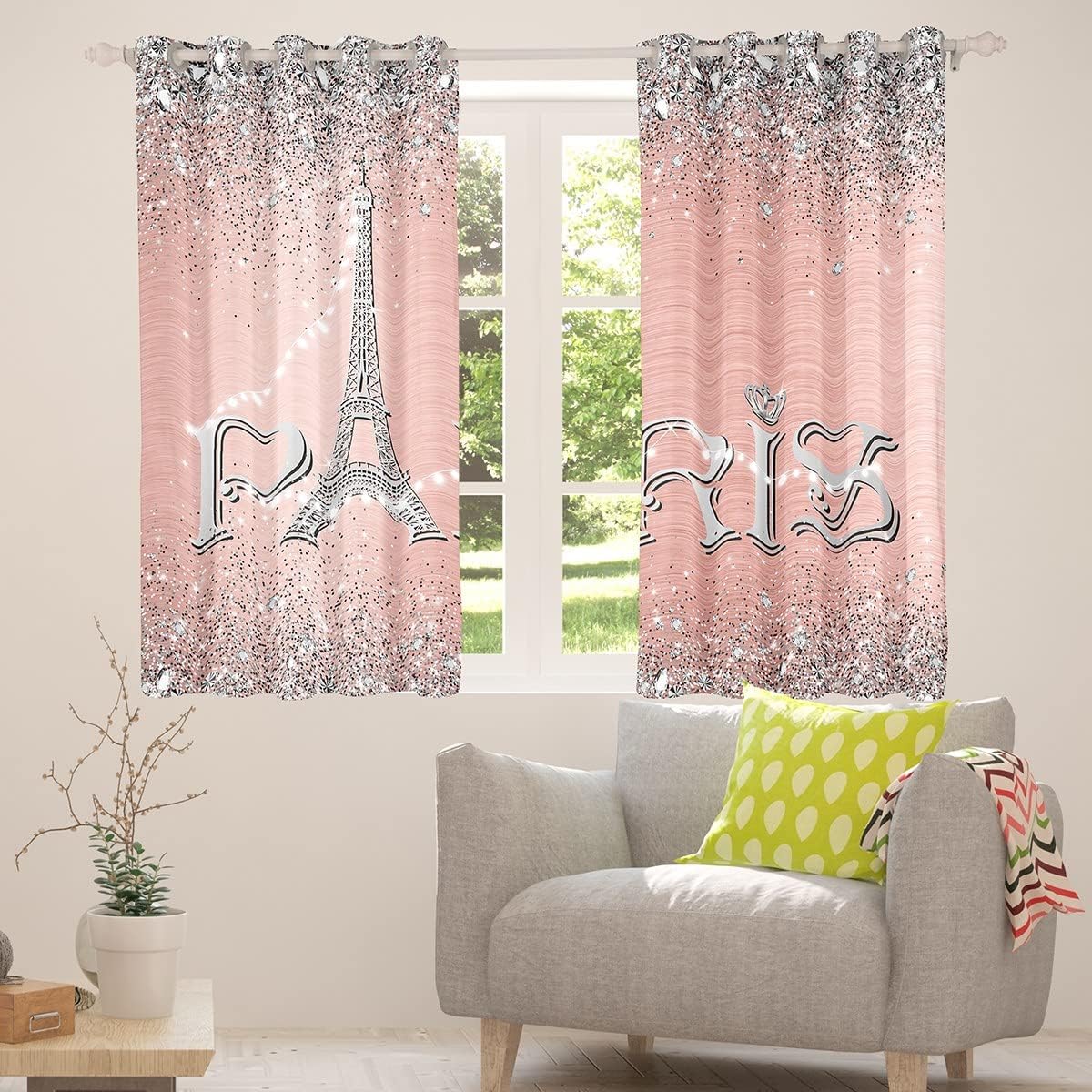 Cortinas femeninas de la Torre Eiffel de 42 x 84 pulgadas, cortinas opacas con purpurina para mujer, cortinas románticas de diamante degradado rosa
