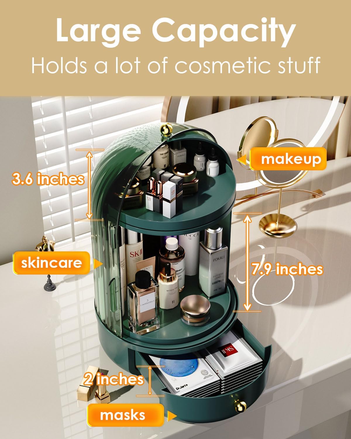 Organizador de maquillaje para tocador, almacenamiento de maquillaje giratorio con cubierta y cajón, organizador grande de cosméticos para el