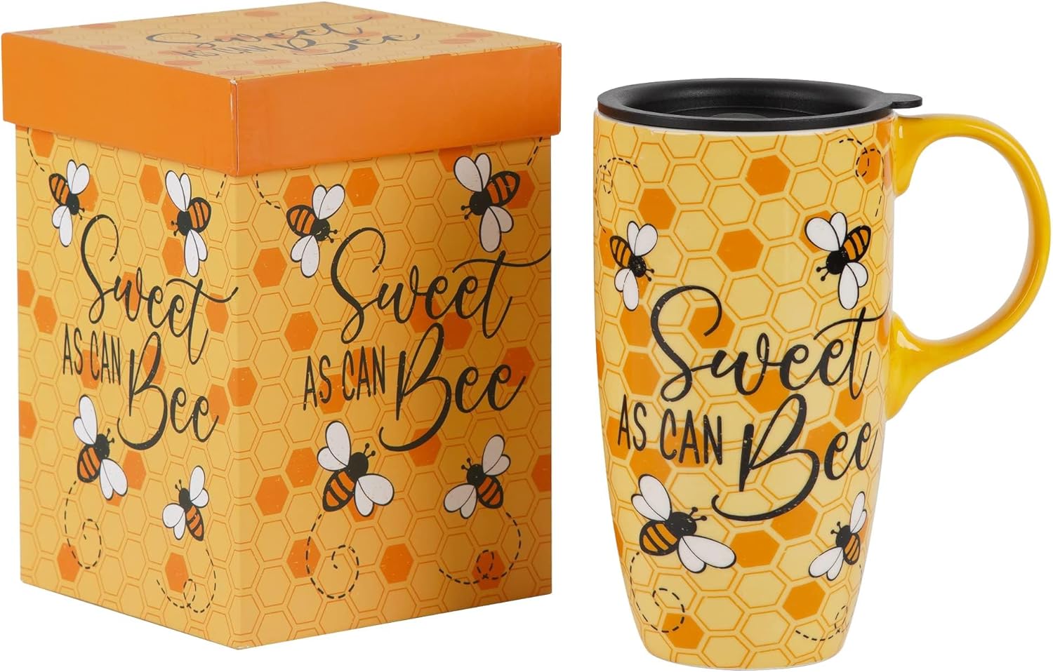 DUSVALLY Taza de cerámica de viaje, taza de café de porcelana con tapa a prueba de derrames y caja de color, 17 onzas. Abeja