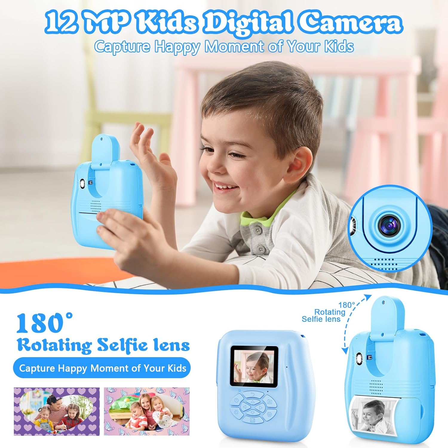 Cámara de impresión instantánea para niños, cámara digital 1080P, teléfono de video selfie conectado, regalo ideal para niños y niñas de 3 a 12 años