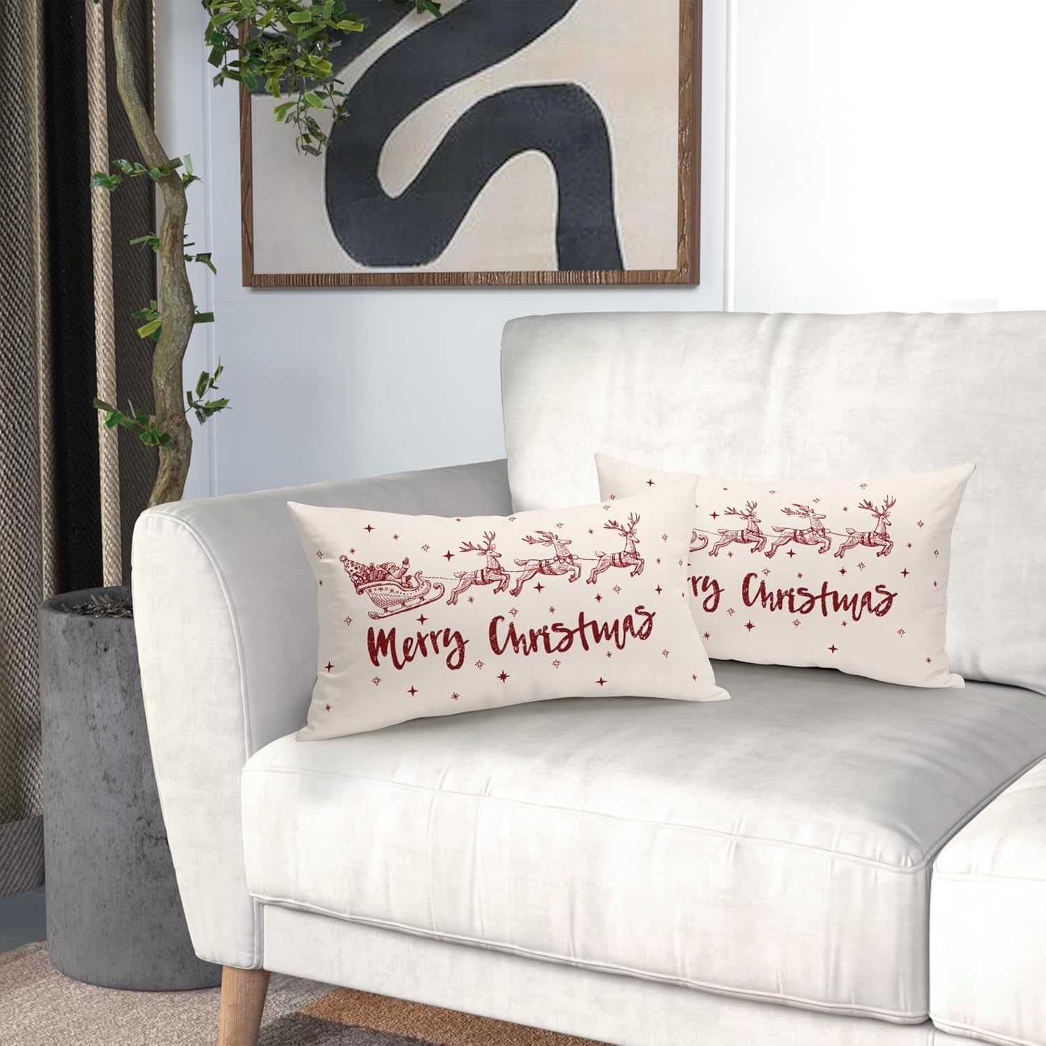 Juego de 2 fundas de almohada lumbar de Navidad de 12 x 20 pulgadas, diseño de ciervos y Papá Noel, fundas de almohada decorativas de lino de