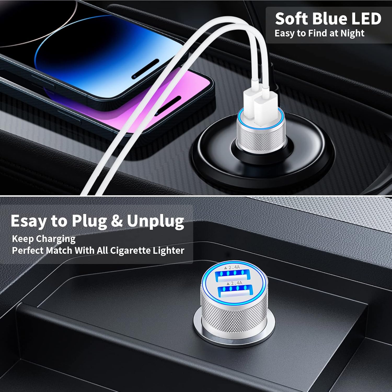 iPhone Car Charger Fast Charging, Apple MFi Certified 4.8A Dual USB All Metal Rapid Power Car Charger with 2 Pack Lightning Cord Quick Car Charging