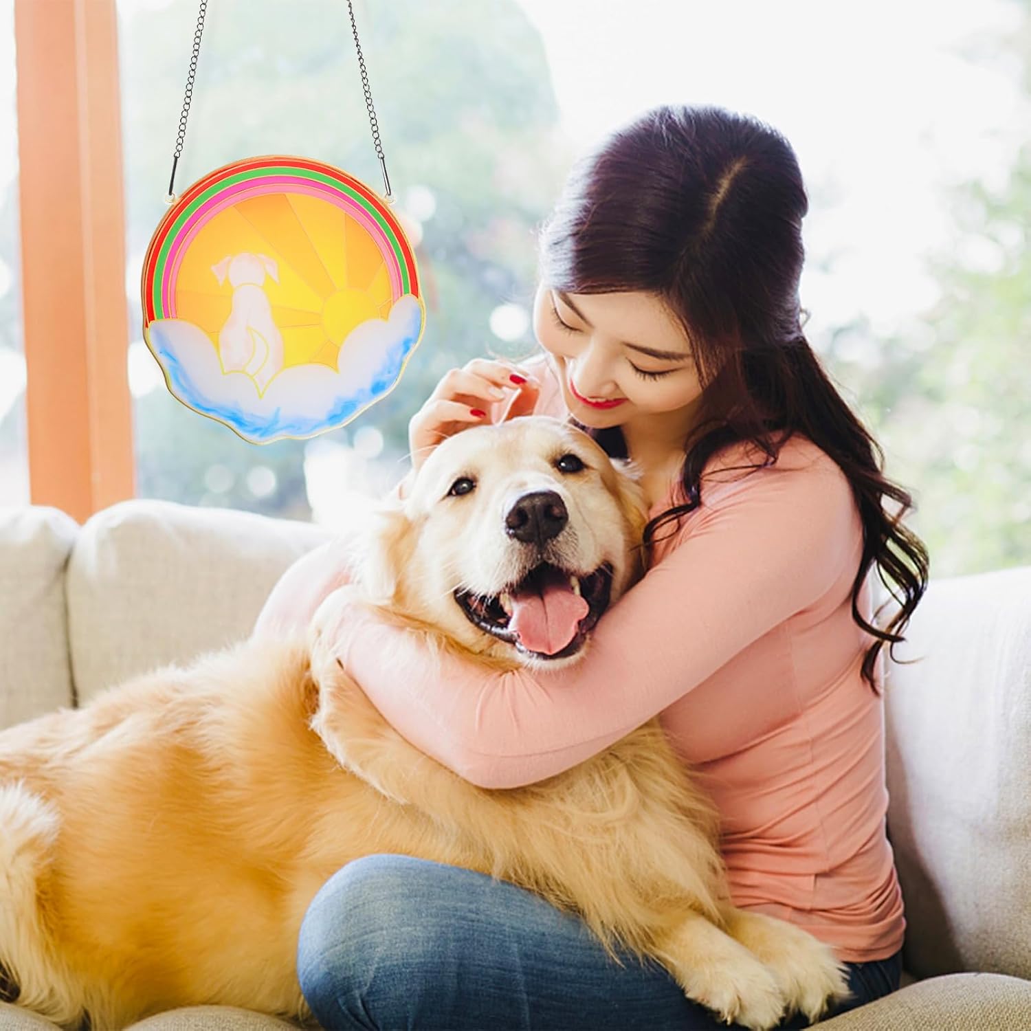 Regalos conmemorativos para perros, arco iris, para colgar en la ventana, atrapasoles de doble cara para decoración del hogar, jardín, campanilla de