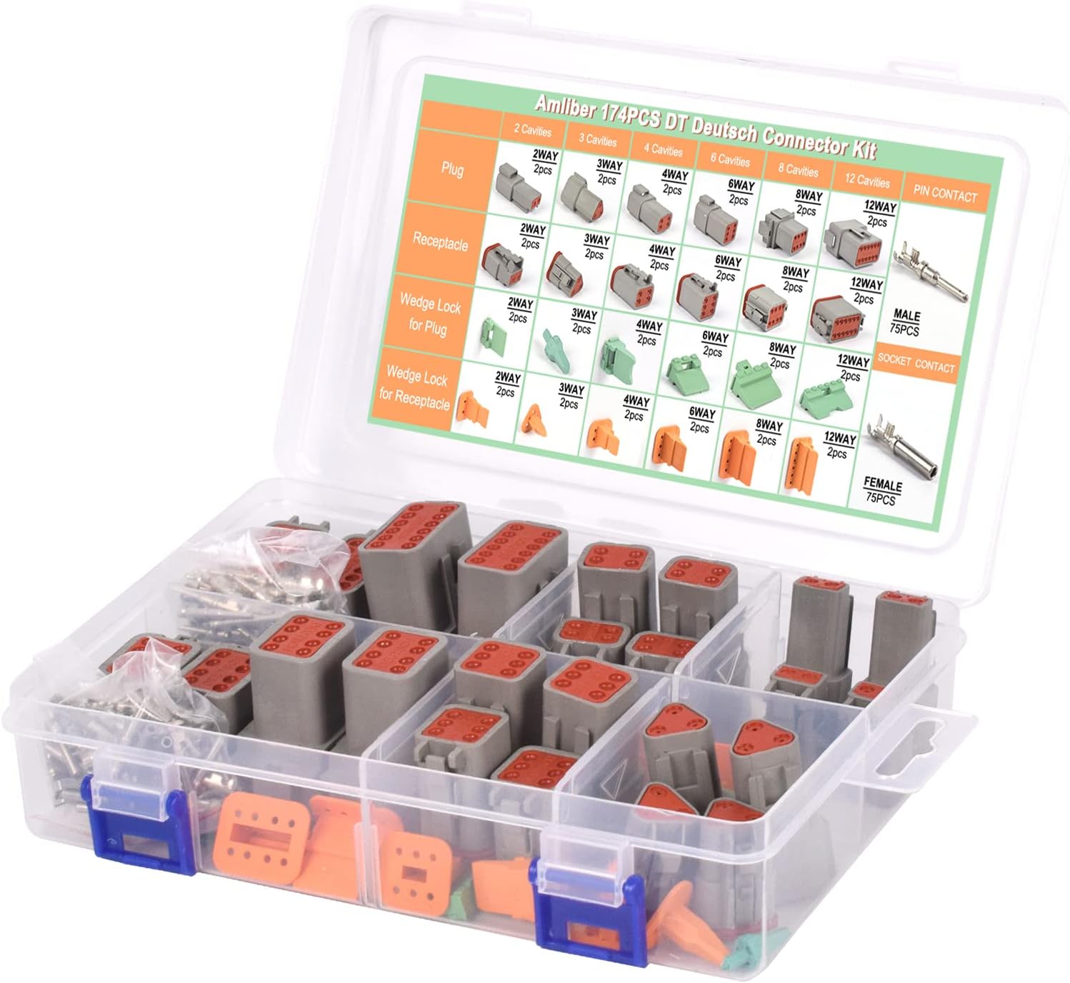Amliber 174pcs 12 Kits DT Series Deutsch Kit de conectores 2 3 4 6 8 12 pines con tamaño 16 contactos estampados IP68 impermeable automotriz