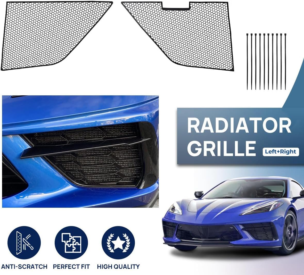 2 protectores de radiador exterior frontal, rejilla de ventilación de aluminio, cubierta protectora de panal de abeja para Corvette C8 C8 .R 2020