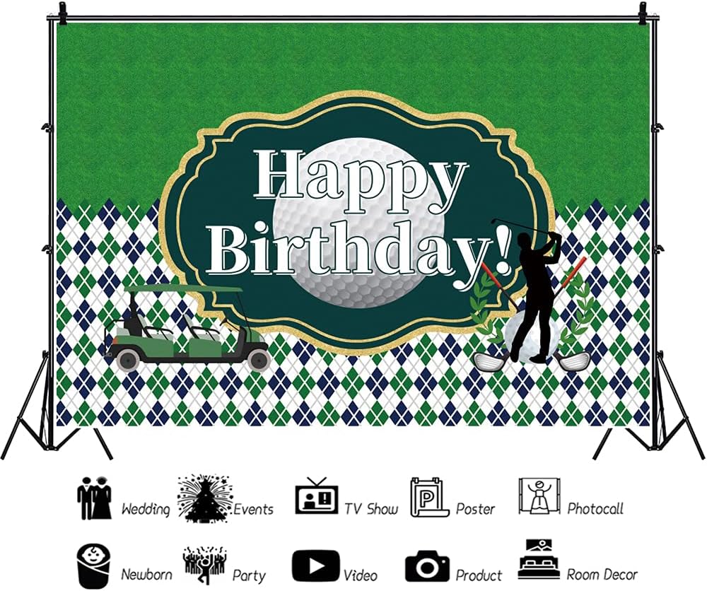 Yeele Telón de fondo con temática de golf, cuadrículas verdes, negras y blancas, pancarta de mesa de pastel de cumpleaños, telón de fondo de feliz