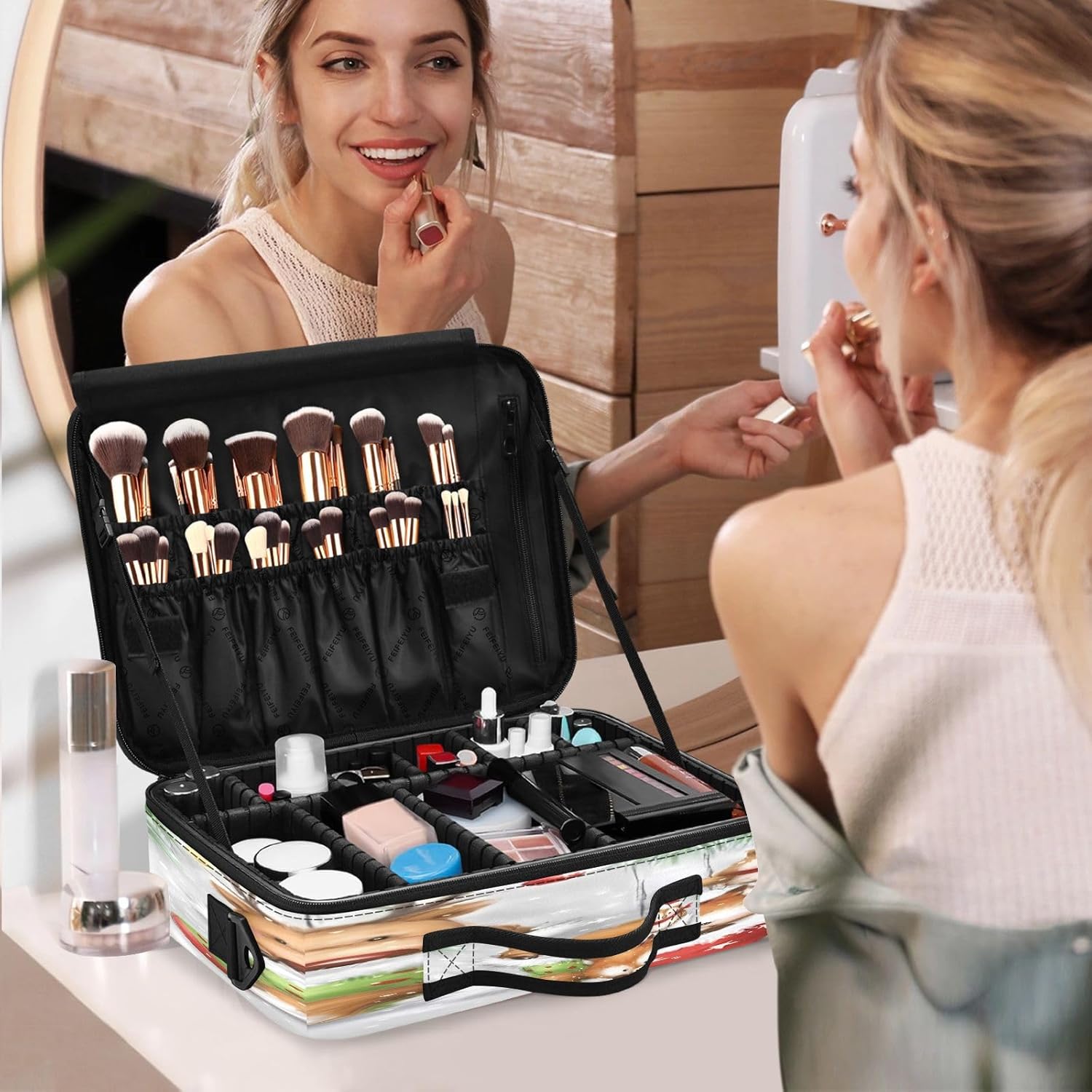 Zathe Bolsas de cosméticos de viaje de animales del bosque blanco y verde para mujeres, neceser de viaje, bolsas de maquillaje grandes con