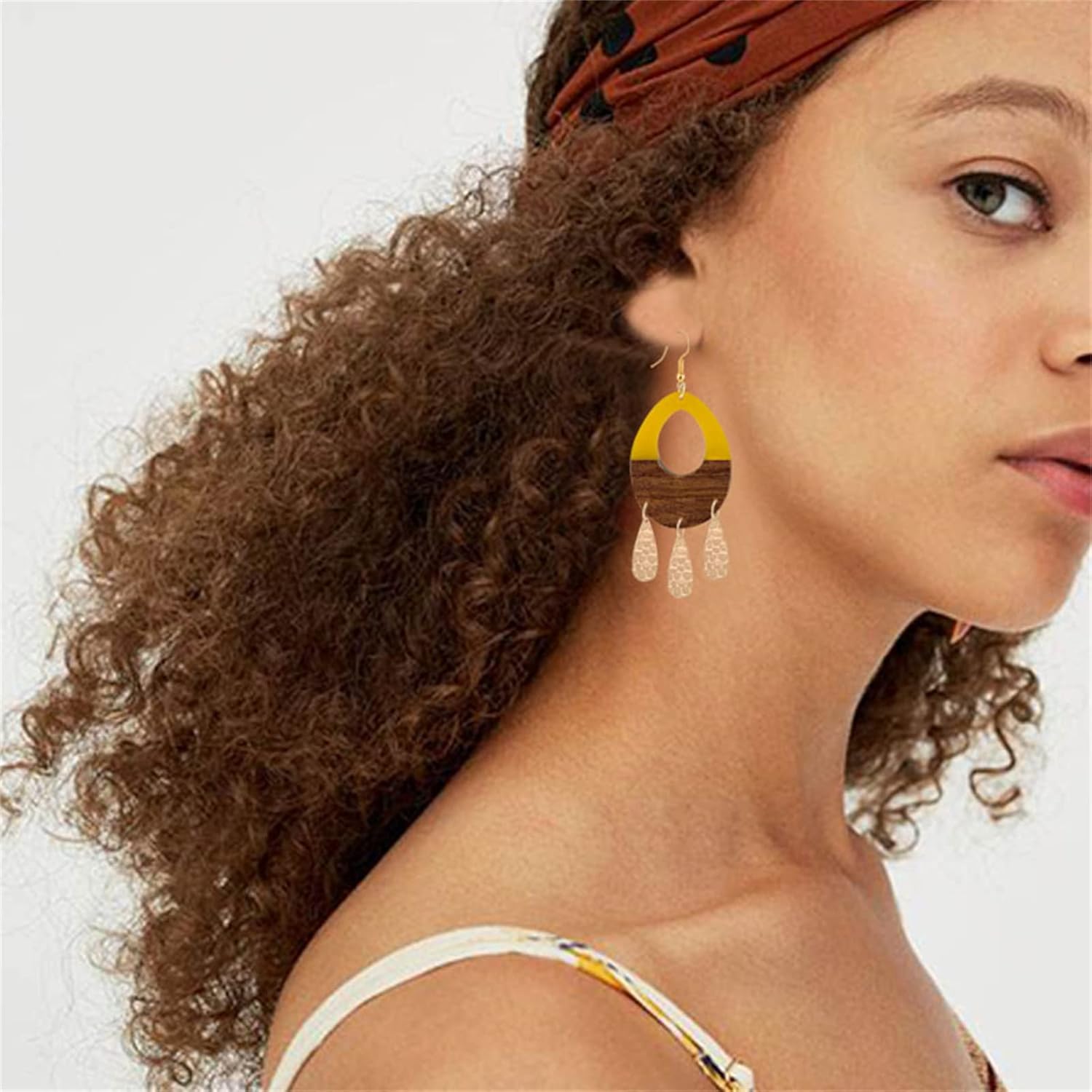 Wooden Earrings for Women Girls Handmade Bohemian Retro Lightweight Wood Acrylic Resin Geometric Hollow Teardrop Metal Tassel Dangle Drop Statement