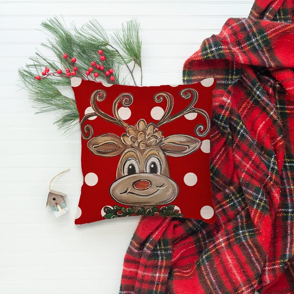 Juego de 4 fundas de almohada de Navidad de 18 x 18 pulgadas, diseño de lunares, a cuadros, acuarela, árbol de Navidad, camión, Papá Noel, pájaro,