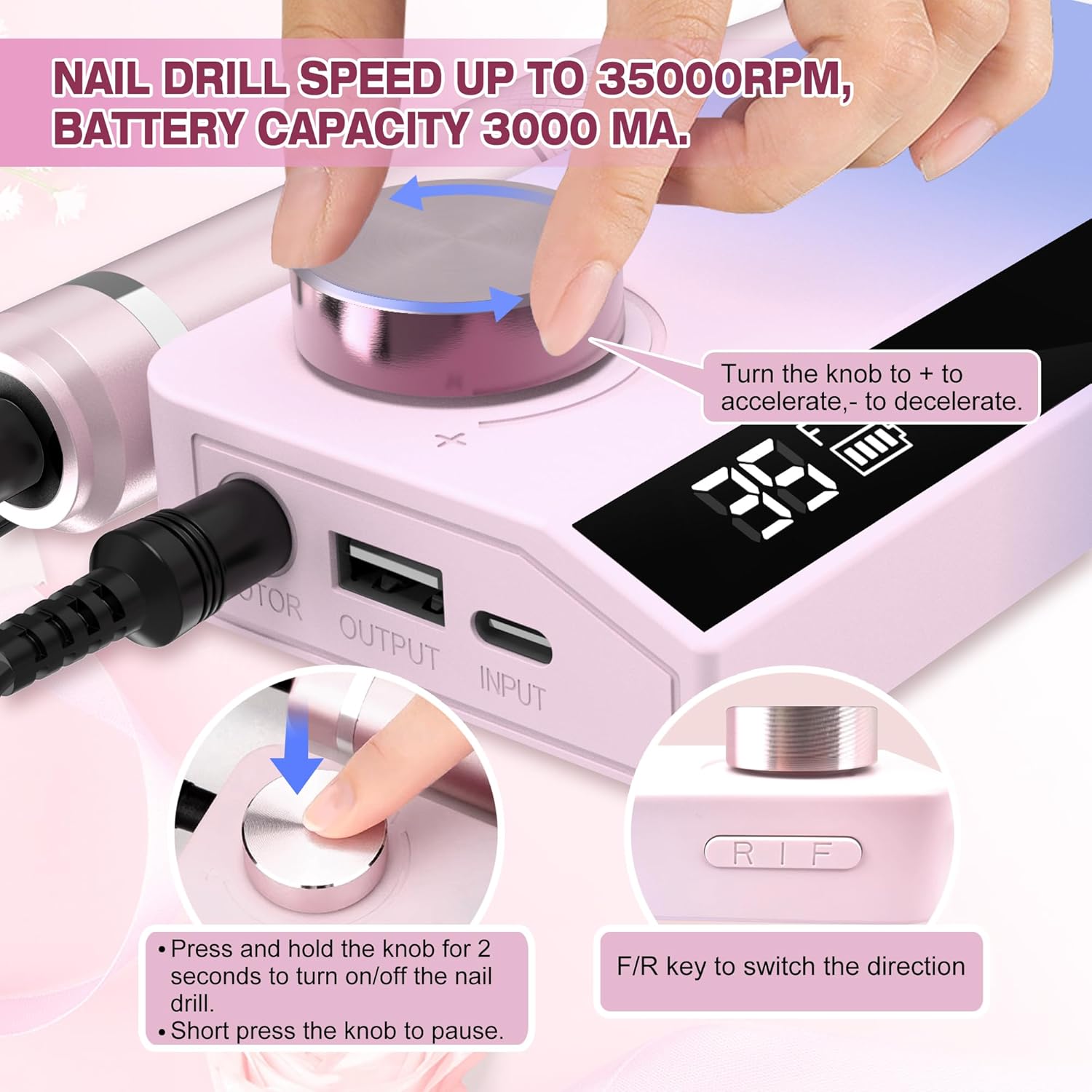 Taladro de uñas profesional, kit eléctrico de uñas de gel acrílico, lima E portátil, 35000 rpm, recargable, manicura, pedicura, herramientas de