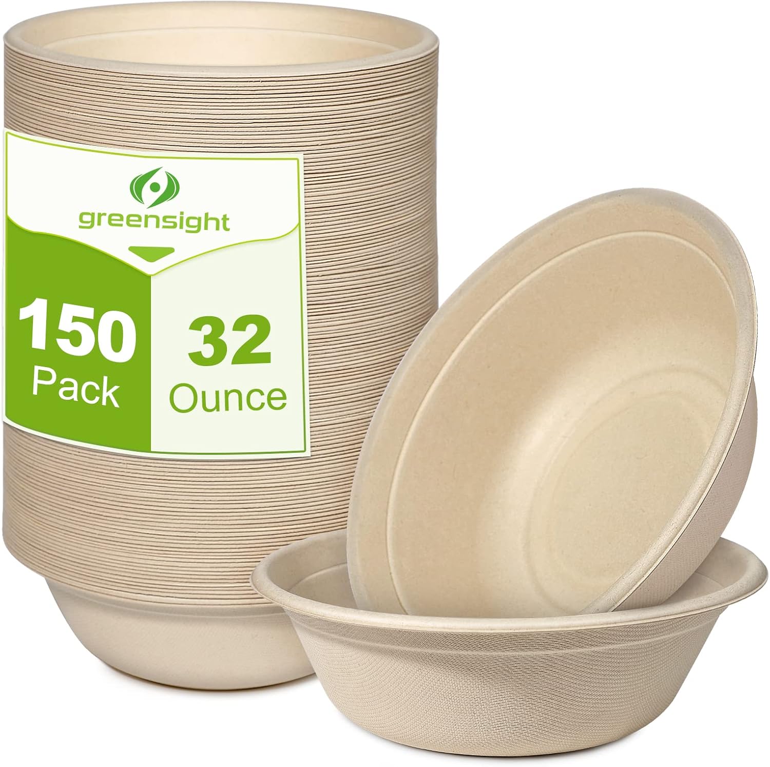 greensight Cuencos compostables resistentes de 32 onzas, paquete de 150 cuencos de papel desechables, cuencos biodegradables ecológicos hechos de