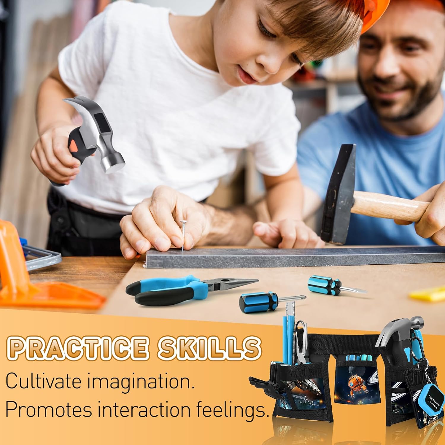 VIGRUE Juego de herramientas para niños, kit de herramientas manuales reales con cinturón y bolsa, accesorios de aprendizaje pequeños para