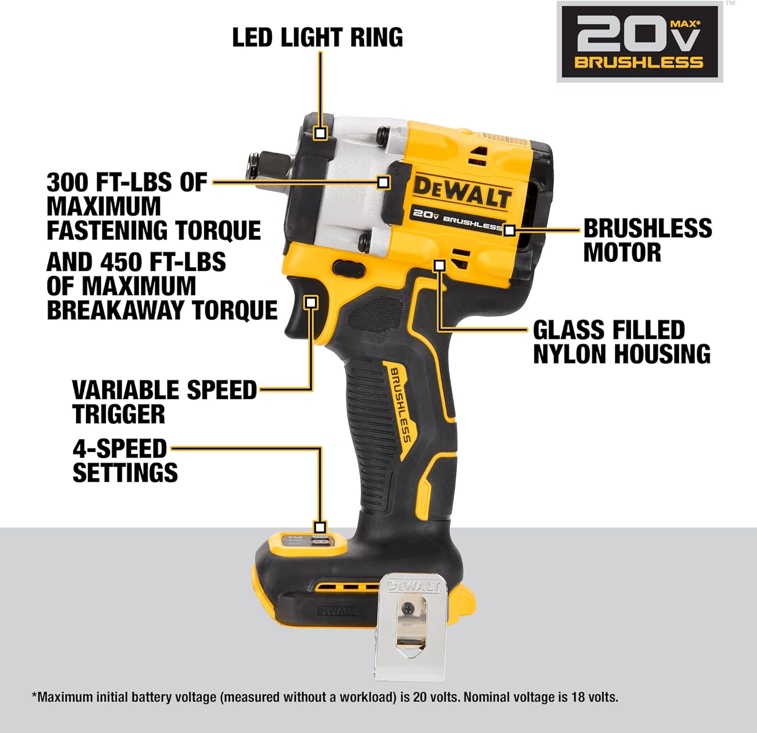 DEWALT ATOMIC 20V MAX* 12 pulg. Llave de impacto inalámbrica con yunque de anillo de cerdo (solo herramienta) (DCF921B)