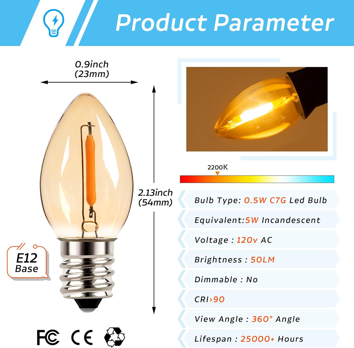 Bombilla LED C7 E12, bombillas LED de candelabro, equivalente a 0.5 W, bombilla incandescente de 5 W, blanco cálido, 2200 K, 50 lúmenes, repuesto de