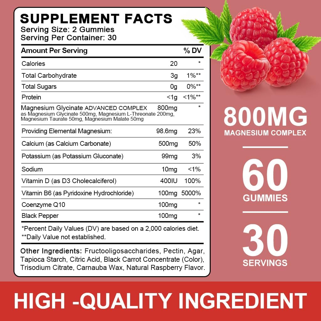 Gomitas de glicinato de magnesio sin azúcar, 500 mg de glicinato de magnesio con 200 mg de L-treonato de magnesio, taurato, malato, COQ10, vitamina