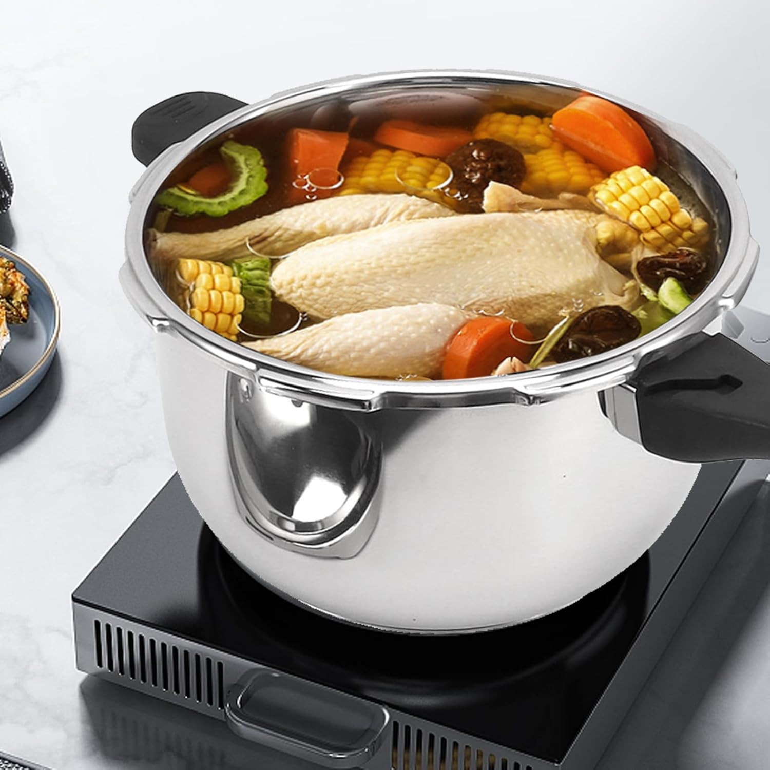Olla a presión de acero inoxidable, olla a presión súper rápida, mini ollas a presión pequeñas familiares con dispositivos de protección de válvula