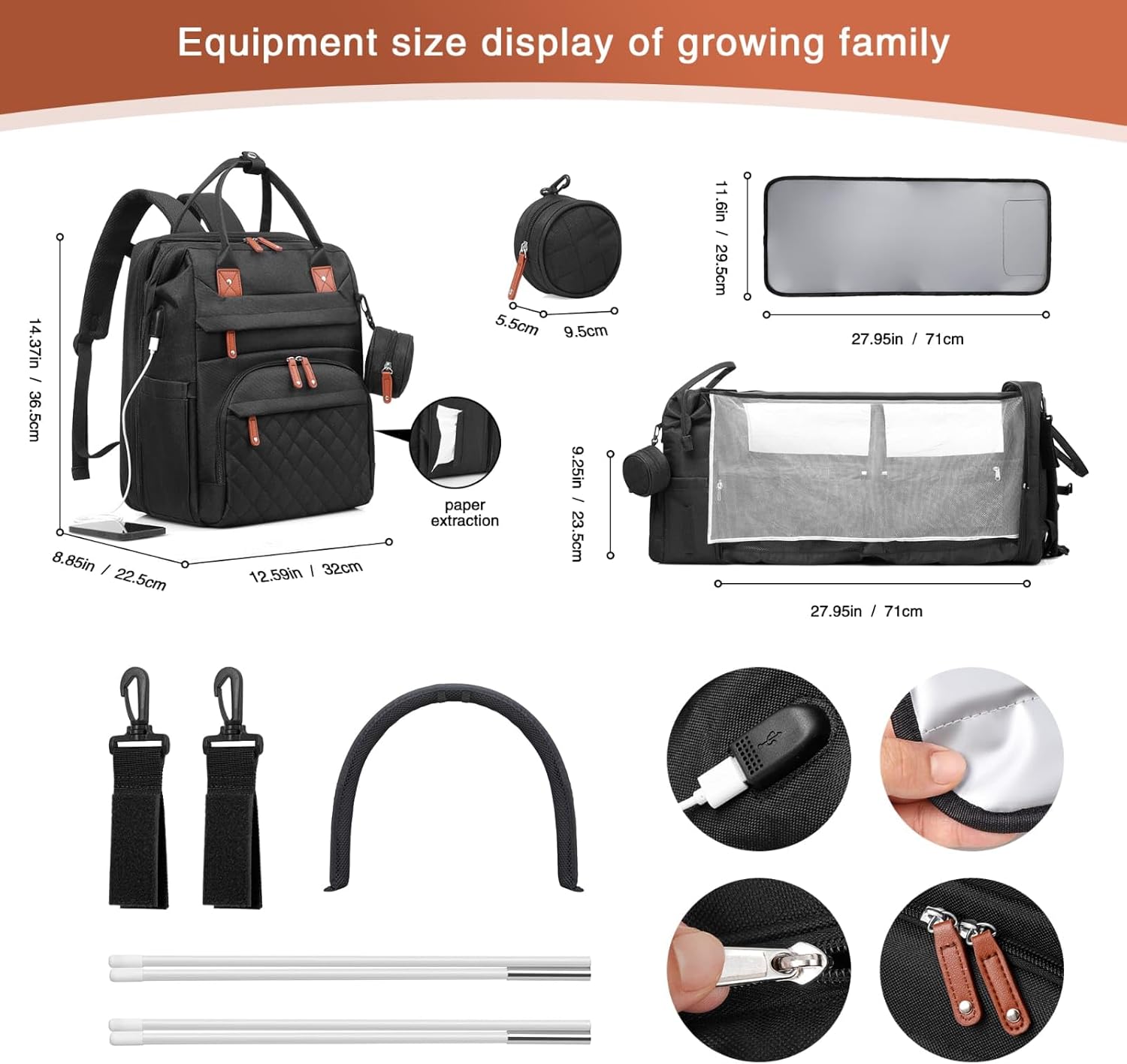 ThanKiu2 Juego de mochila para pañales, Negro -, Bolsa de pañales, mochila para pañales