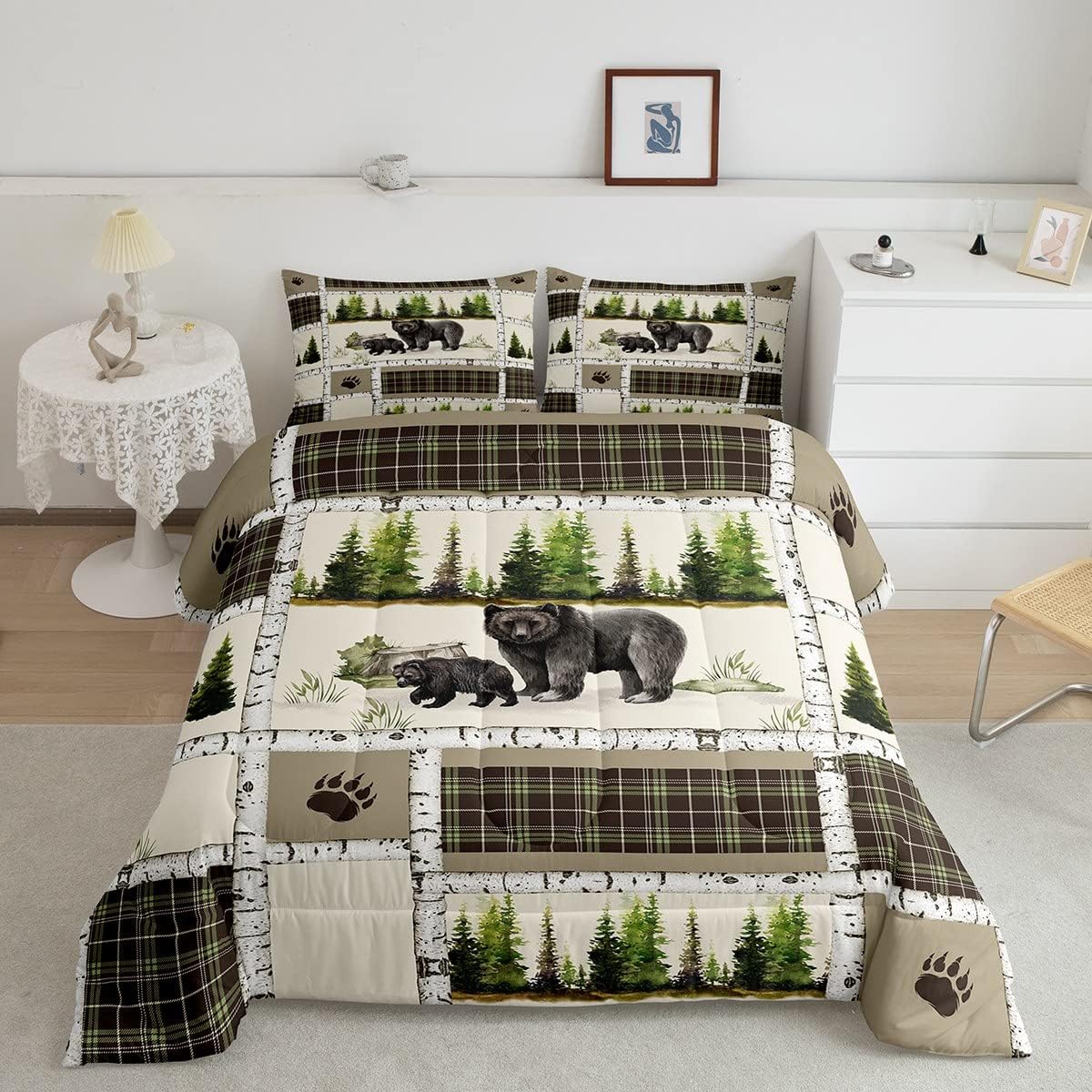 Juego de ropa de cama individual de oso negro, edredón retro de animales de bosque de caza para cabaña de campo, juego de edredón de retazos verde y