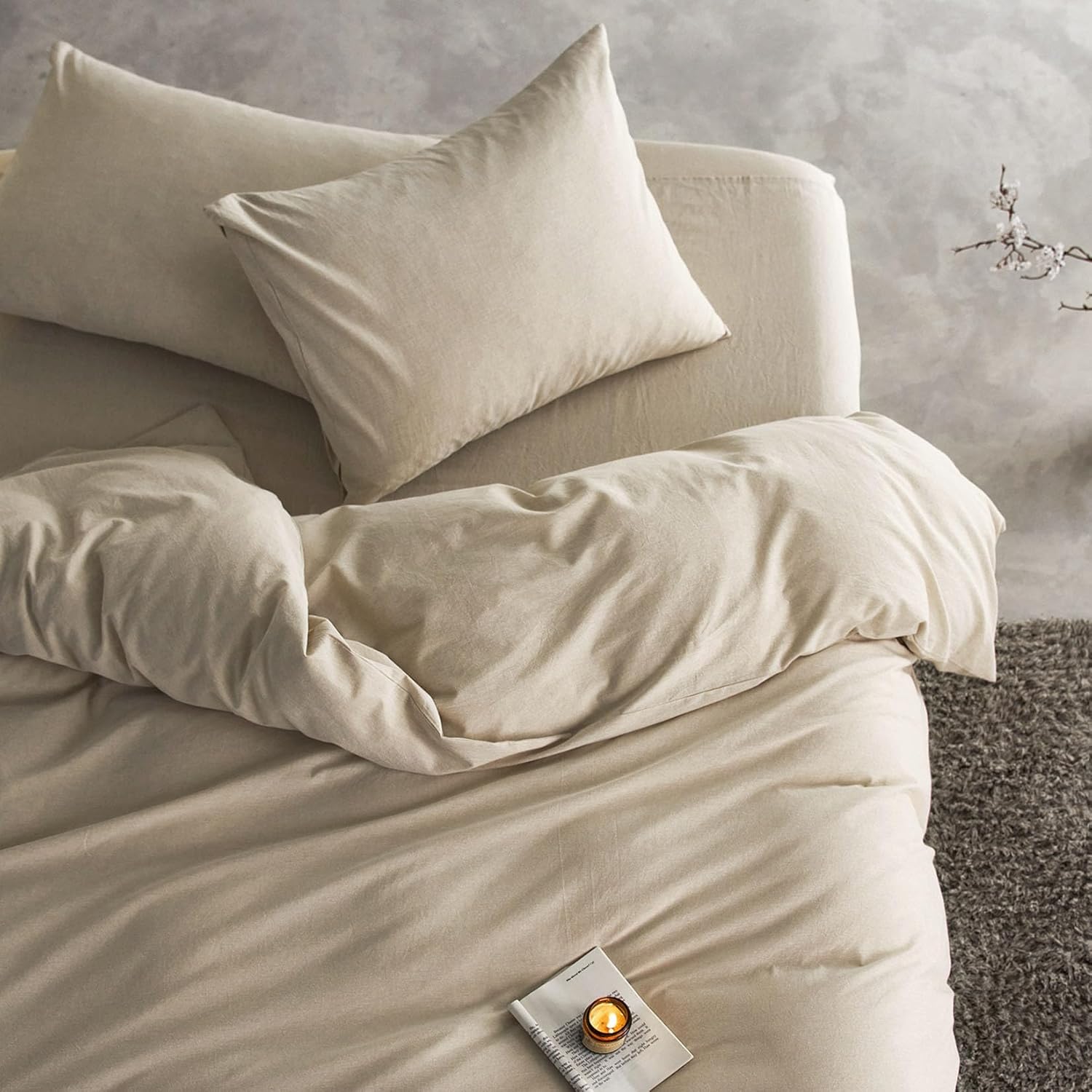 Wake In Cloud – Juego de funda de edredón color caqui, 100% hilo de algodón lavado teñido liso color avena, ropa de cama cómoda con cierre de