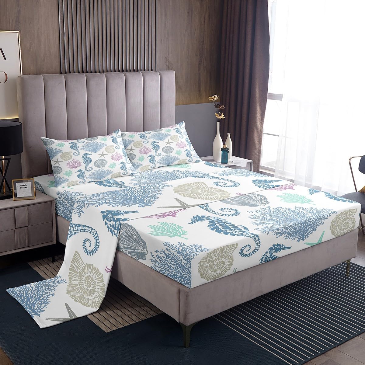 Juego de sábanas tamaño King, diseño de conchas de estrella de mar, conchas marinas y conchas de animales marinos costeros, decoración de dormitorio