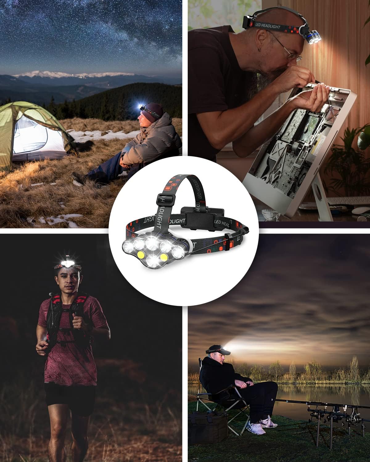 Pluralla Linterna frontal LED, 8 LED de 18000 lúmenes altos recargables con luz roja, luz de cabeza USB ligera, 8 modos de linterna impermeable para