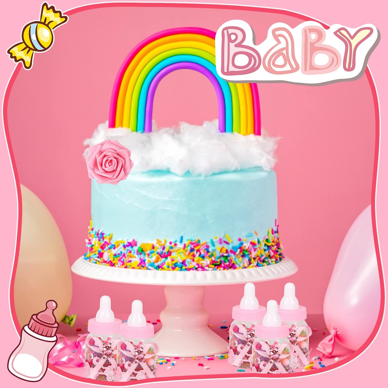 MACTING Biberón para recuerdos de baby shower, 4docenas de mini botellas de caramelo con 10 flores artificiales para niños y niñas, decoración de