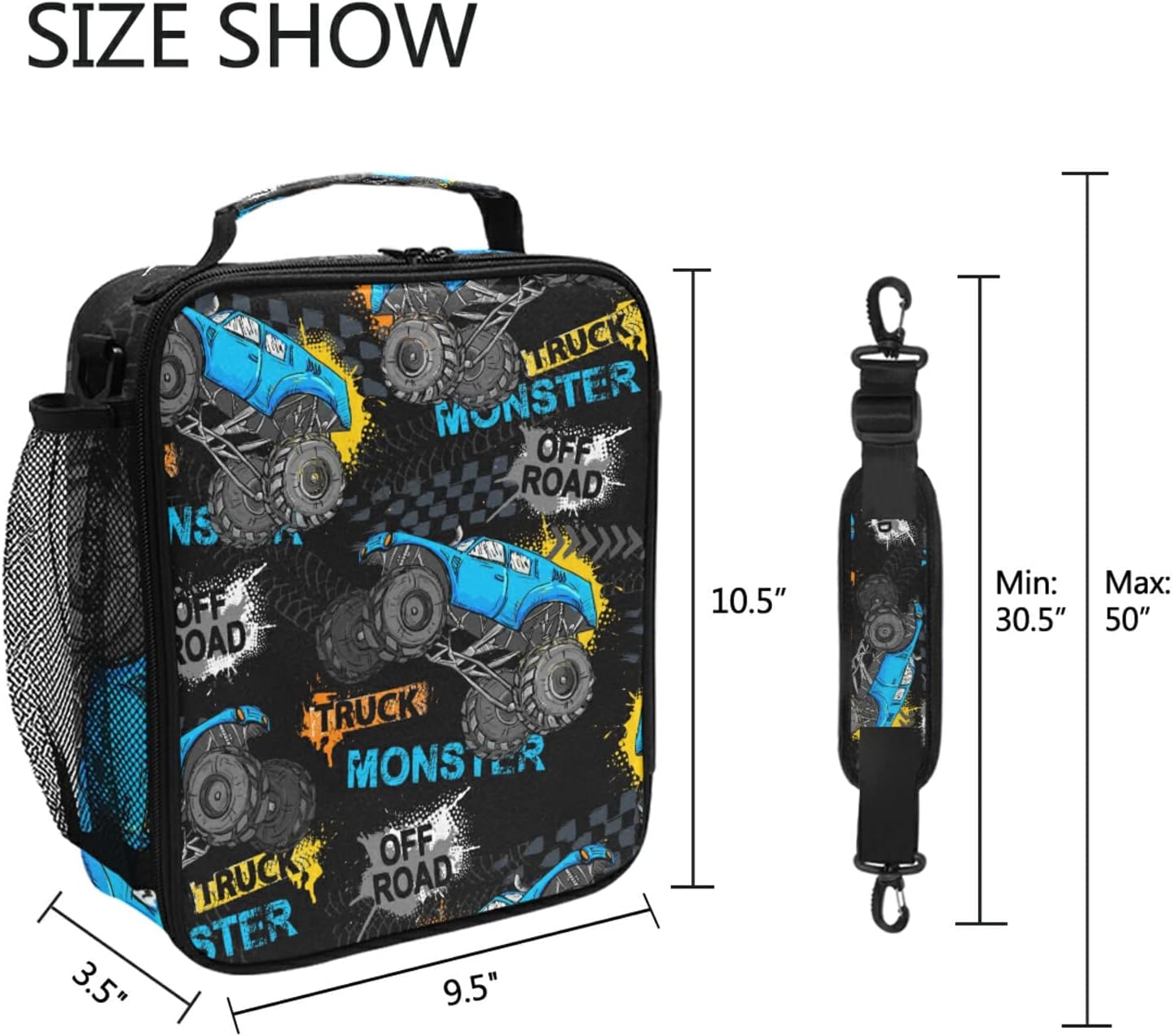Lonchera para niños y niñas, bolsa térmica con aislamiento térmico Monster Truck Car Trace, kit de bolsa de almuerzo reutilizable para viajes
