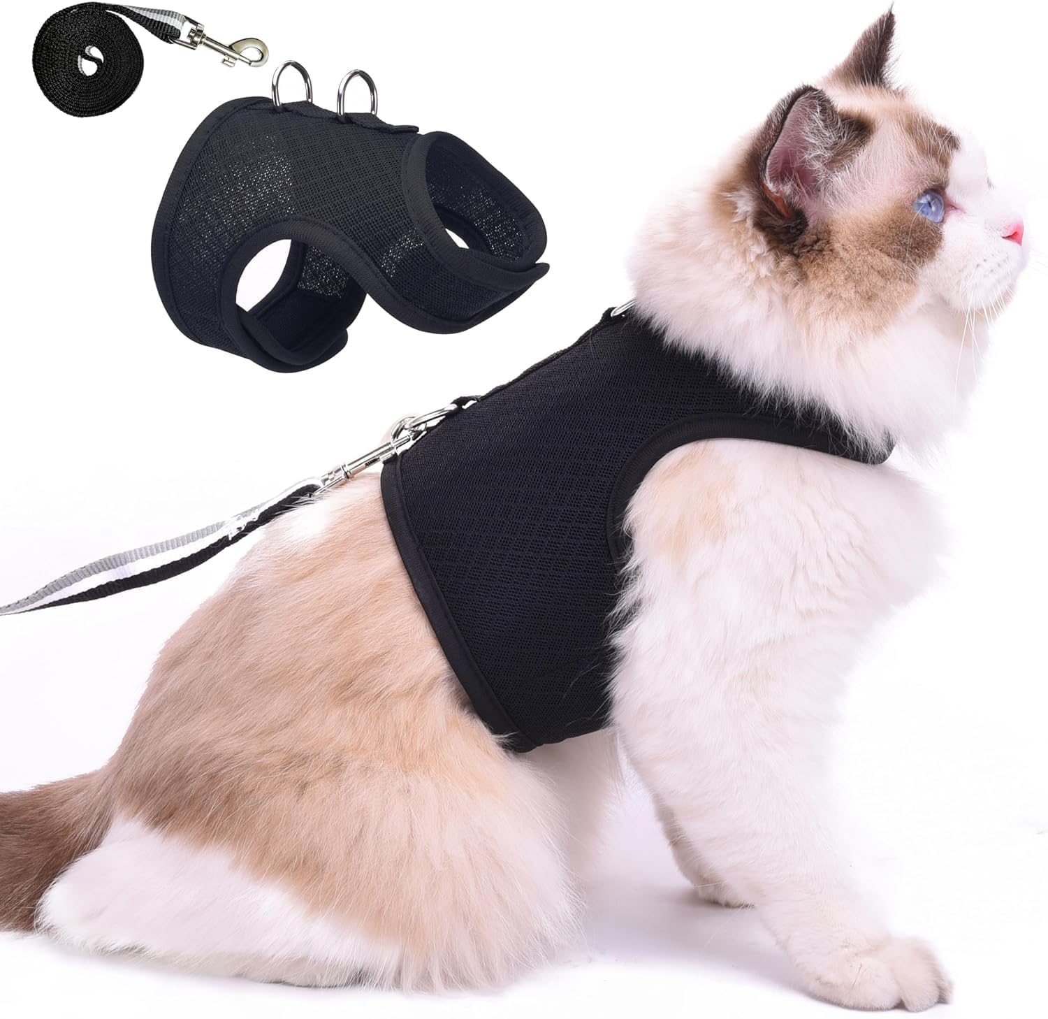 Arnés de gatito y correa para caminar a prueba de escape, tela de malla transpirable, negro sólido, pequeño, chaquetas ajustables para caminar,