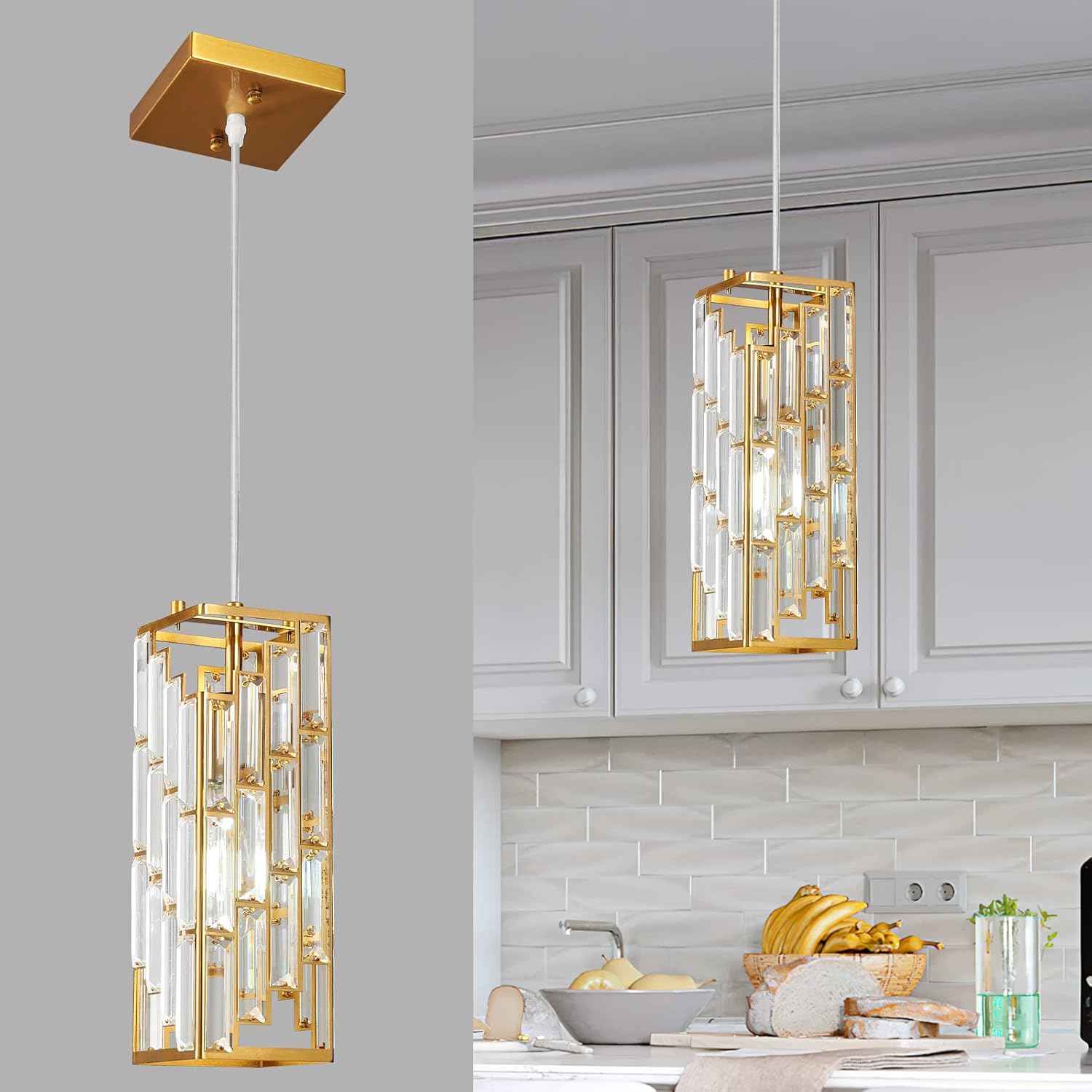 Iluminación colgante dorada moderna, mini candelabros de cristal, lámpara colgante ajustable para cocina, isla, comedor, dormitorio (paquete de 1)