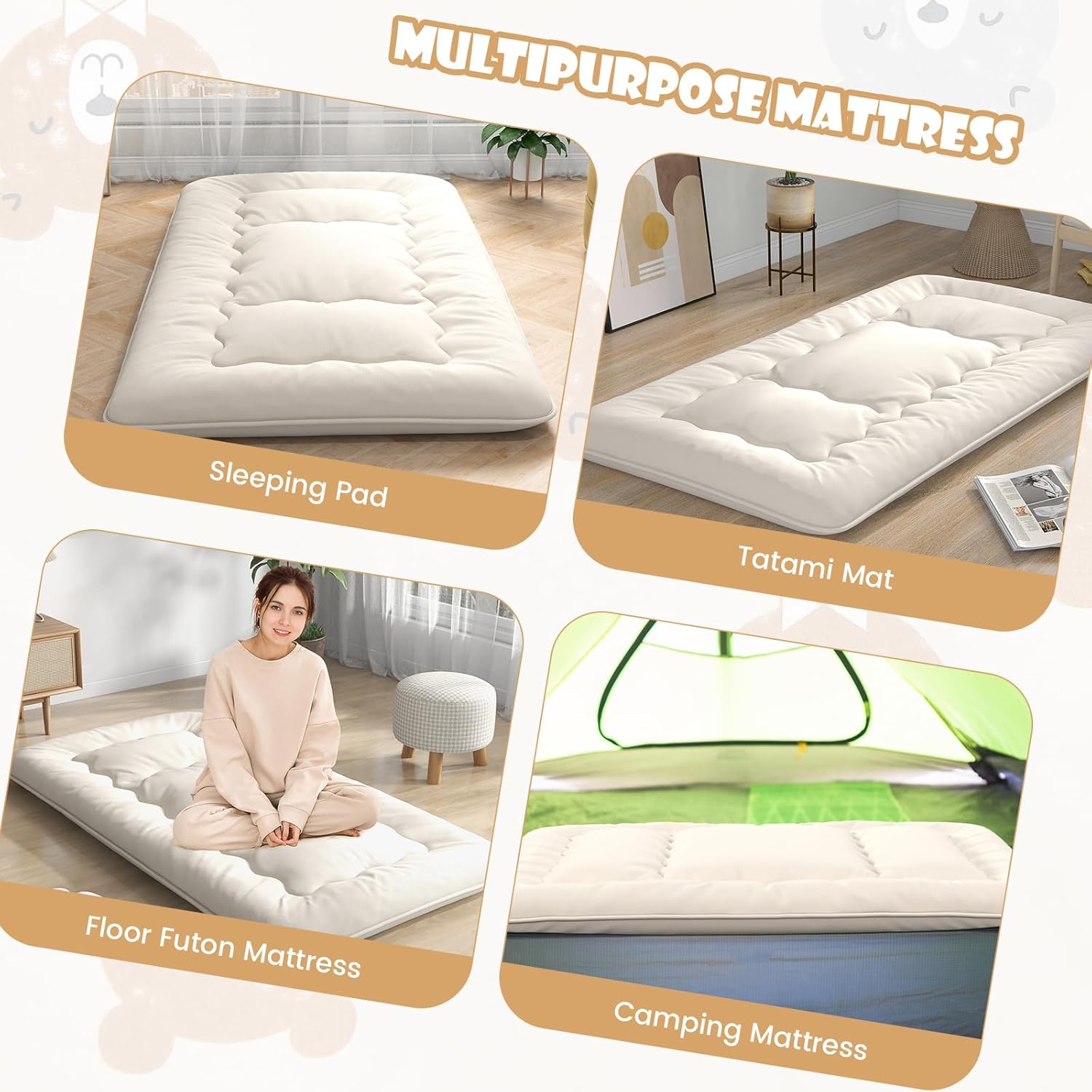 Giantex Colchón japonés de futón, colchón enrollable de tatami con funda lavable y bolsa de transporte, almohadilla de dormir plegable y portátil