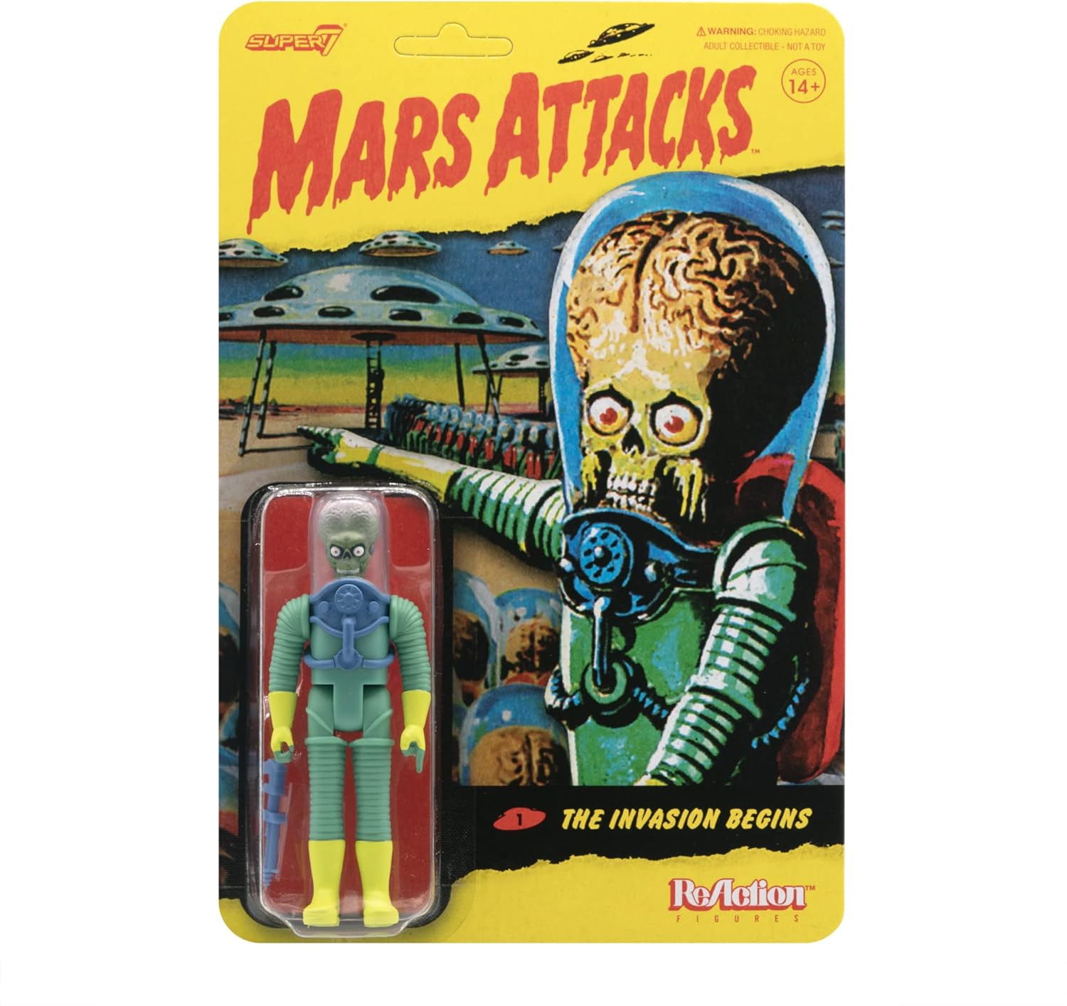 Super7 Mars Attacks Martian The Invasion Begins – Figura de acción de Mars Attacks de 3.75 pulgadas con accesorio, coleccionables vintage y juguetes