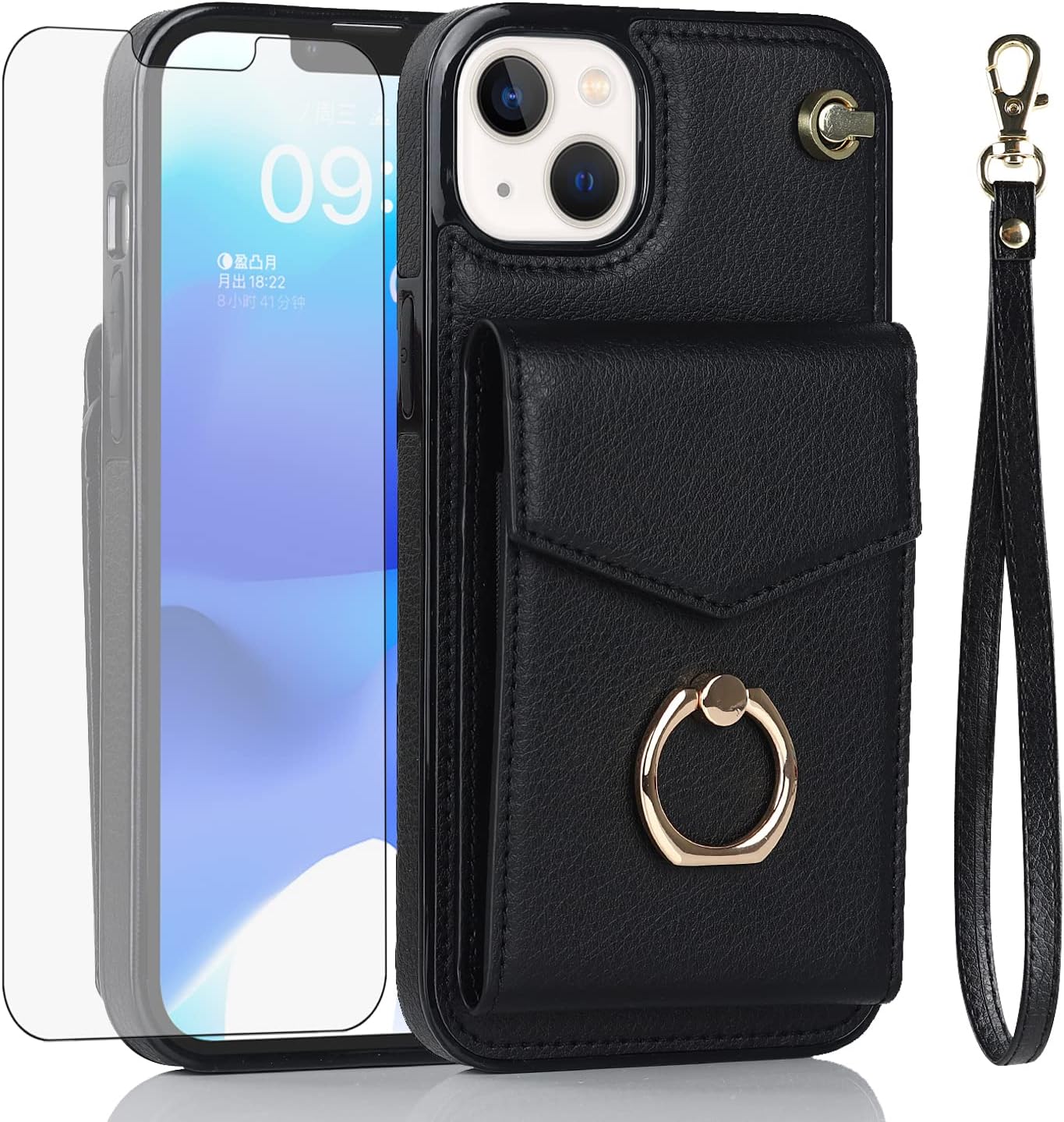 Asuwish Funda compatible con iPhone 15 de 6.1 pulgadas, protector de pantalla de vidrio templado y anillo de bloqueo RFID, funda de cuero para