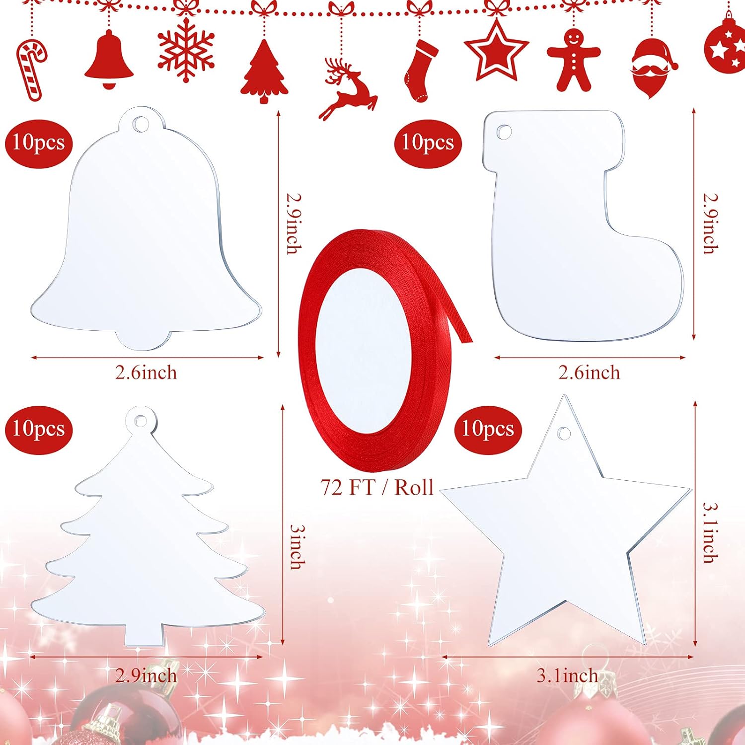 Adornos de Navidad de acrílico transparente de 3 pulgadas, medias de Navidad con forma de campana, adornos acrílicos para colgar con cinta para