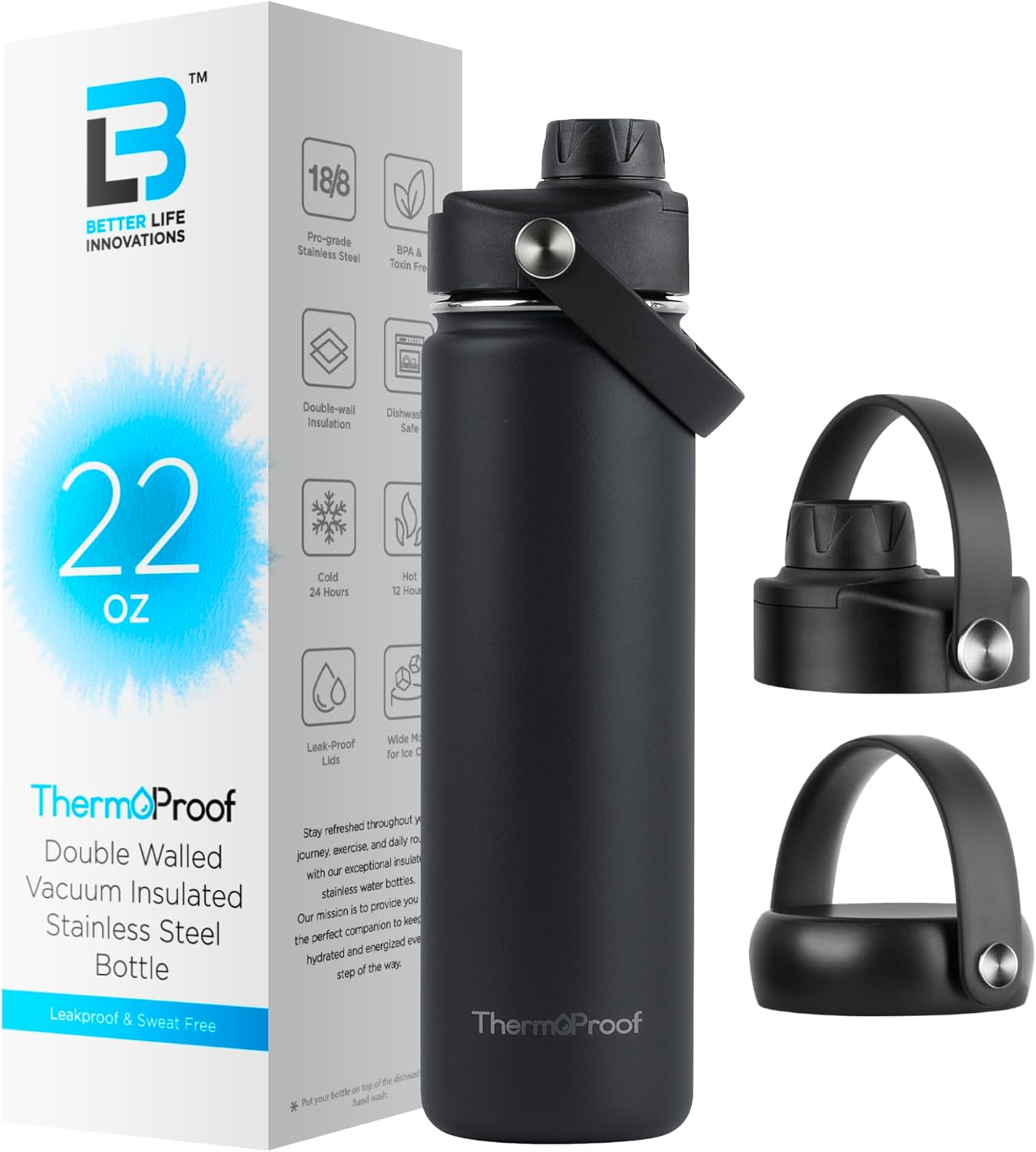 Botella de agua de acero inoxidable con aislamiento térmico y frío, botellas de gimnasio duraderas a prueba de fugas para hombres, mujeres y niños,