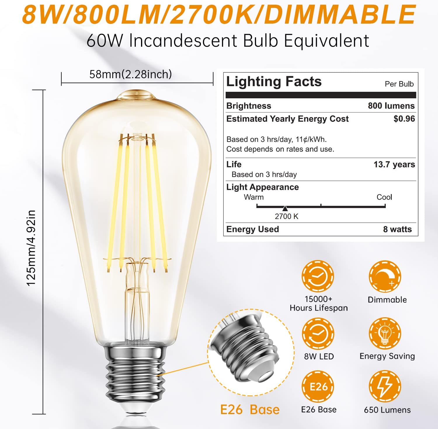 Batklumi Bombillas LED Edison regulables 8 W, equivalente a 60 W, 2700 K, blanco cálido con 80+ CRI E26 Edison bombillas de filamento vintage