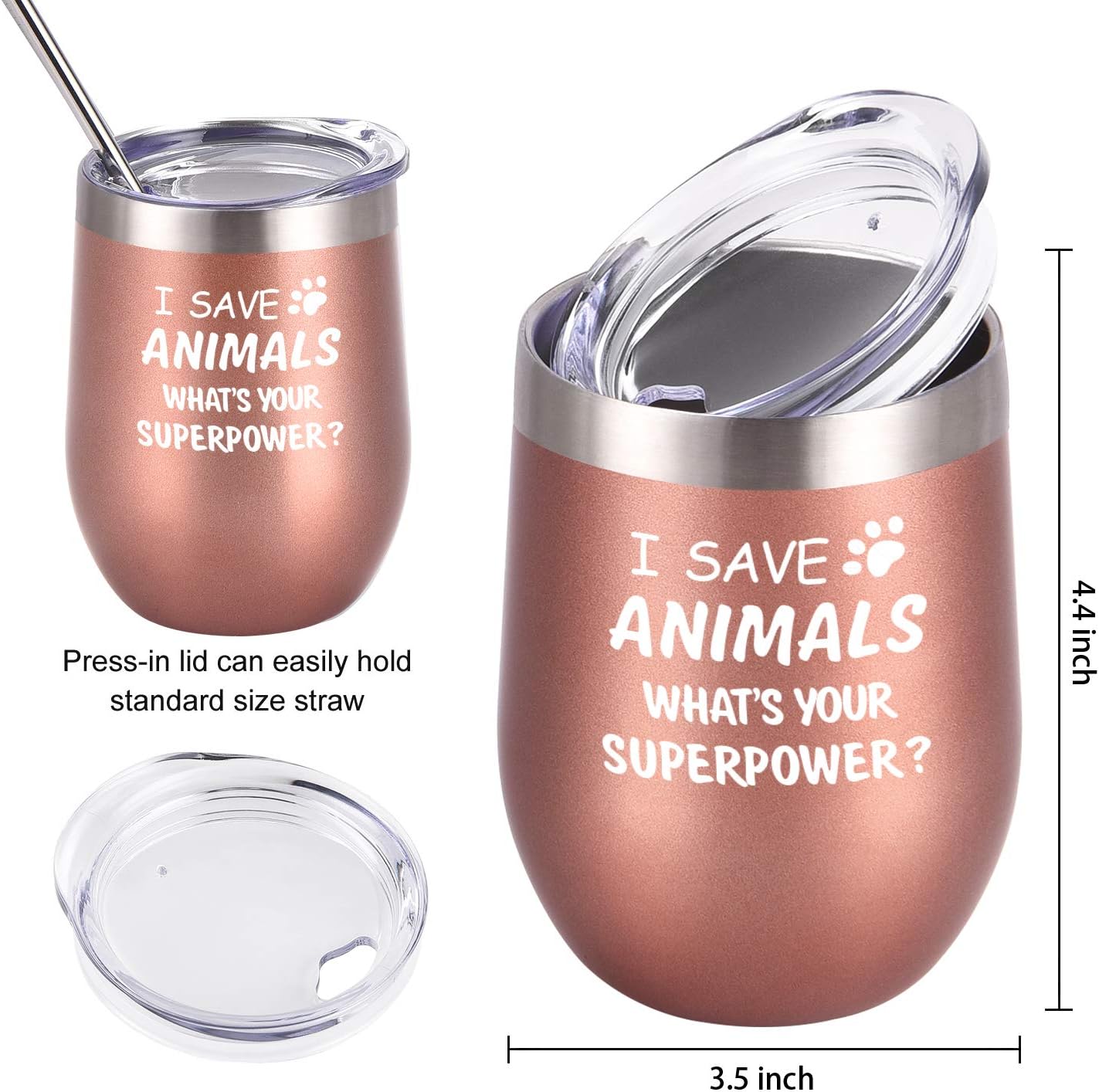 Paquete de 4 vasos de vino con tapa con texto en inglés “I Save Animals, Whats Your Superpower”, de acero inoxidable, ideas de cumpleaños y Navidad