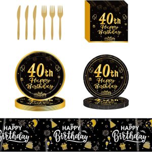 Suministros para fiestas temáticas de cumpleaños número 40, juegos de vajilla desechable para fiesta Platos de papel de 40 años, servilletas, Suministros para fiestas temáticas de cumpleaños número 40, juegos de vajilla desechable para fiesta Platos de papel de 40 años, servilletas,