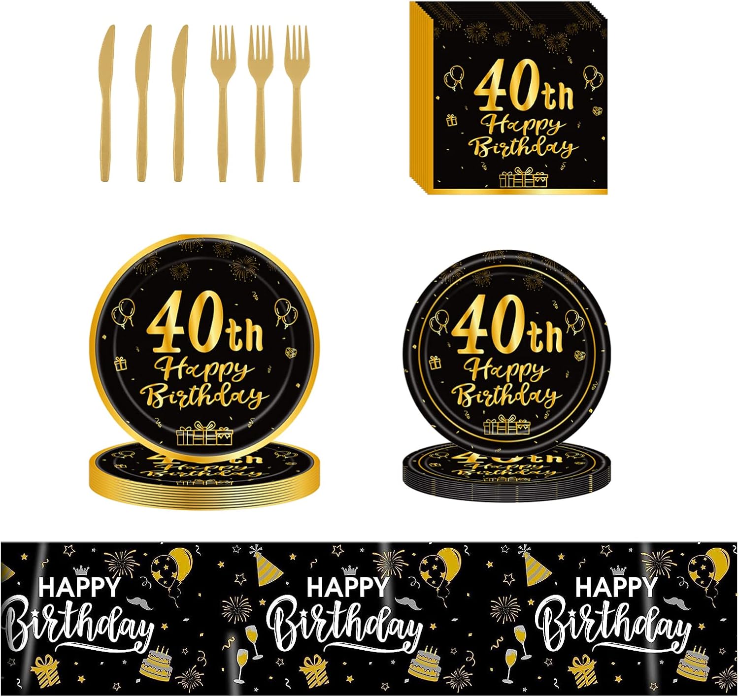 Suministros para fiestas temáticas de cumpleaños número 40, juegos de vajilla desechable para fiesta  Platos de papel de 40 años, servilletas,