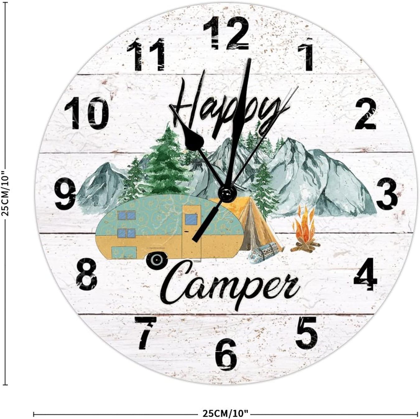 Happy Campers – Reloj de pared grande para amantes de la naturaleza, de 10 pulgadas, estilo vintage, silencioso, sin tictac, funciona con pilas,