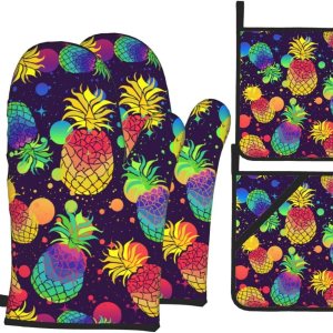Juego de 4 manoplas de horno y soportes para ollas con diseño de piñas coloridas, guantes resistentes al calor para cocina, hornear, asar a la Juego de 4 manoplas de horno y soportes para ollas con diseño de piñas coloridas, guantes resistentes al calor para cocina, hornear, asar a la