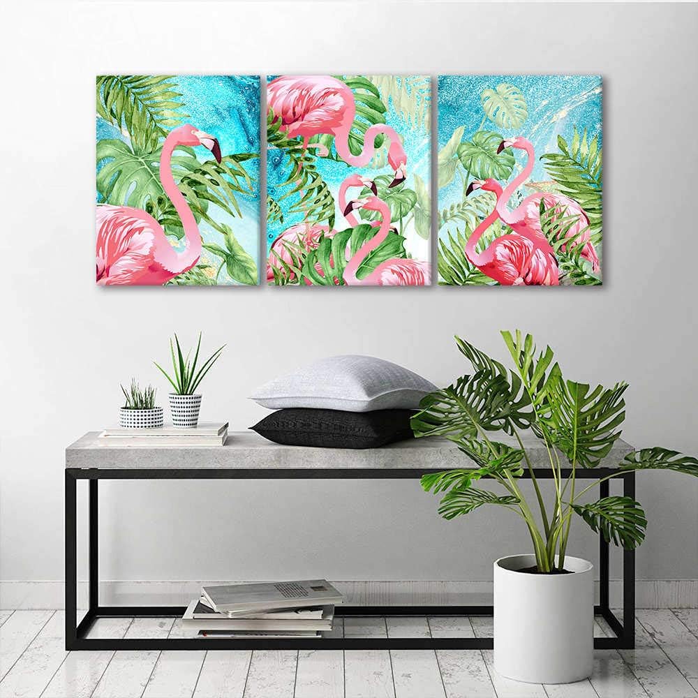 RUISHI Lienzo decorativo para pared, 3 piezas, flamenco, decoración bohemia para dormitorio, imagen de animales, palmera, plantas tropicales,