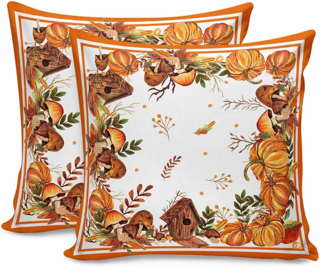 Millxiu 2 Packs Decorative Throw Pillow Covers for Sofa, Leaves Pumpkin Farm Autumn Thanksgiving 18×18 inch Plush Cotton Pillowcases Cushion Case