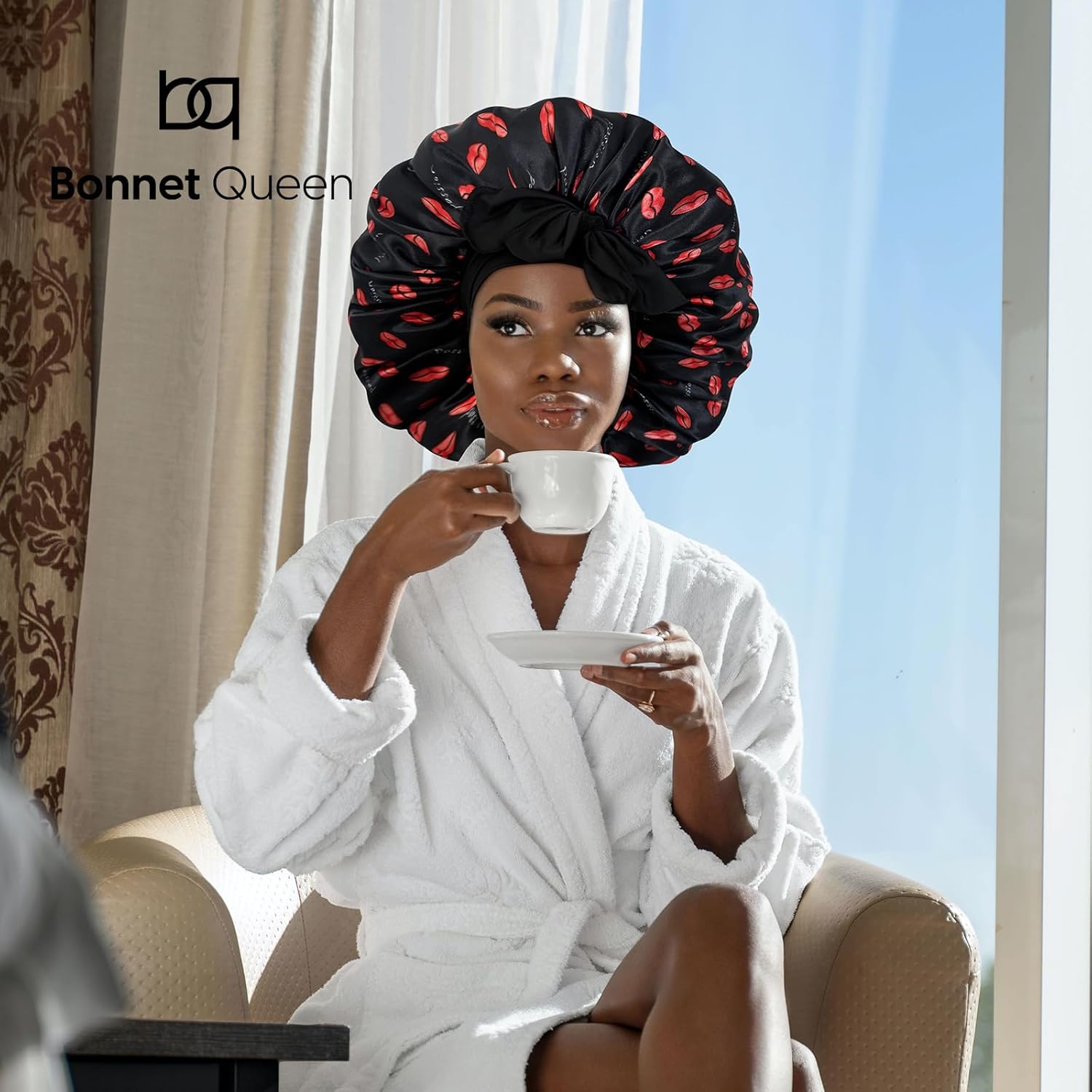 Bonnet Queen – Gorro de satén de seda ajustable para dormir, con banda de amarre ancha y elástica, envolvente, para mujeres de cabello largo, rizado