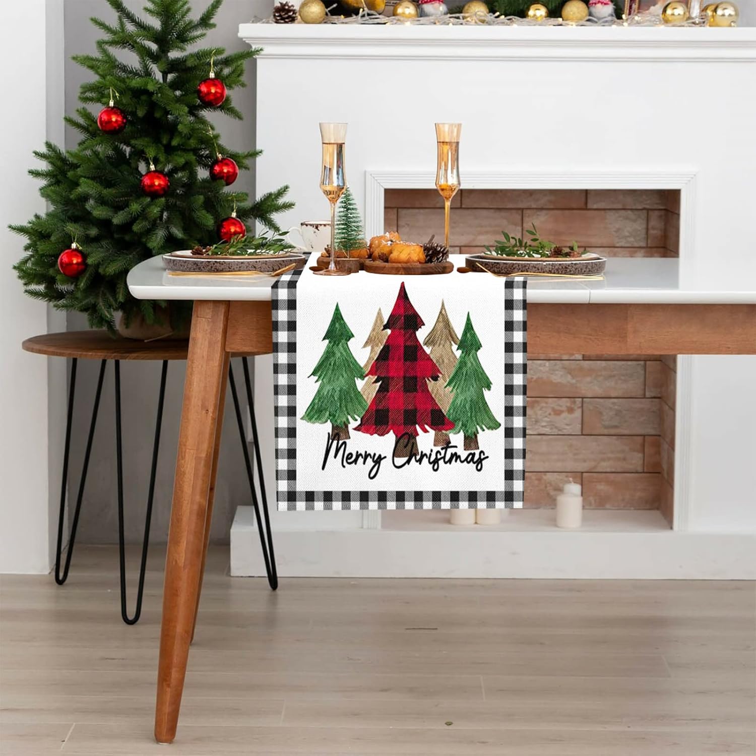 Camino de mesa de Feliz Navidad de 13 x 72 pulgadas, acuarela, árbol de Navidad, búfalo, caminos de mesa a cuadros, temporada de invierno, Navidad,