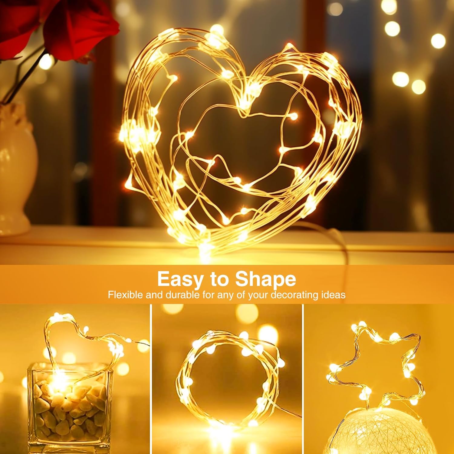 Paquete de 10 guirnalda de luces que funcionan con pilas, con temporizador, tira de 20 luces LED de 7 pies, impermeable, alambre plateado, funciona