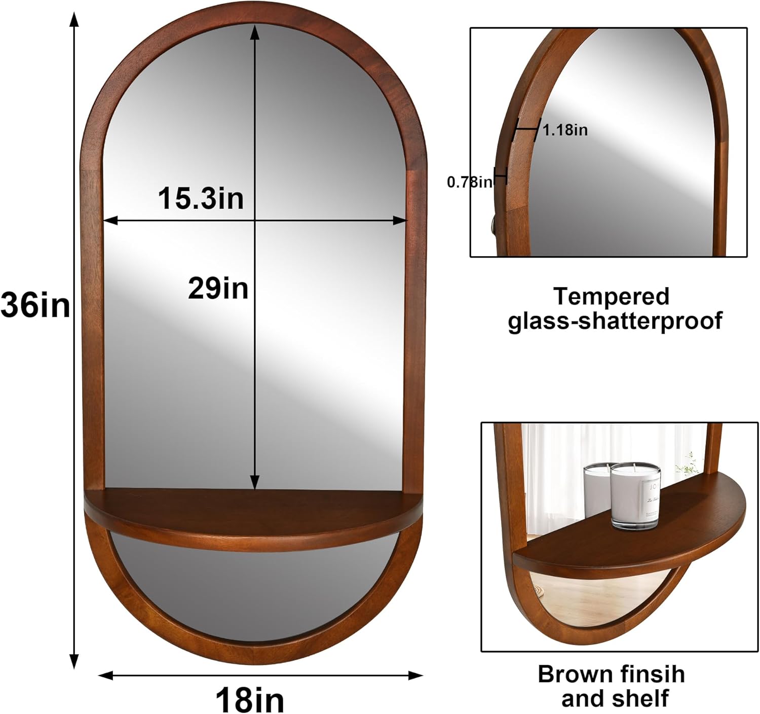 Tanmicoshomy Espejo de pared cápsula con marco de madera con estante extraíble, espejo arqueado de 18 x 36 pulgadas para vidrio templado,